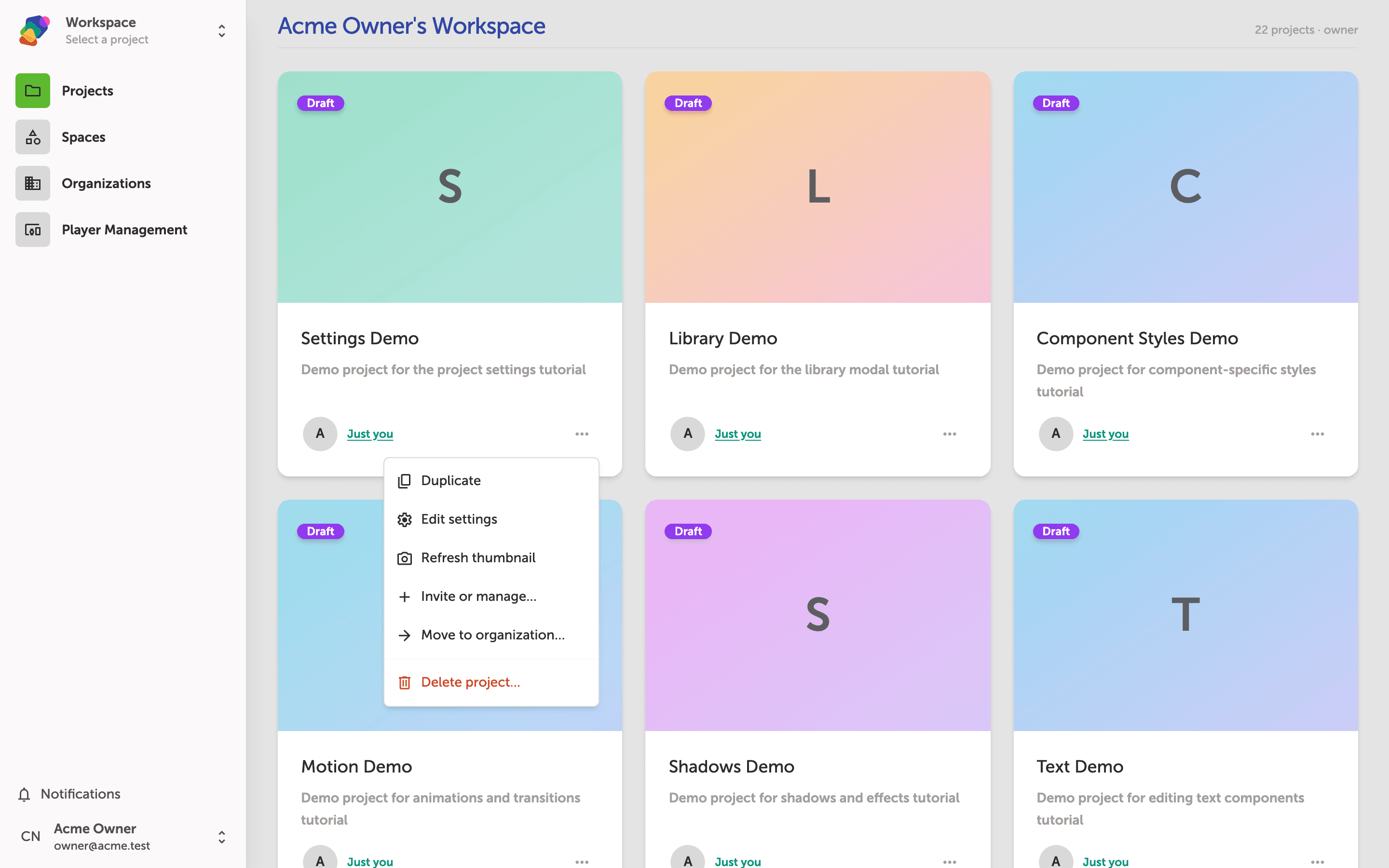 The My Projects dashboard showing a grid of project cards, each with an overflow menu button for accessing project actions