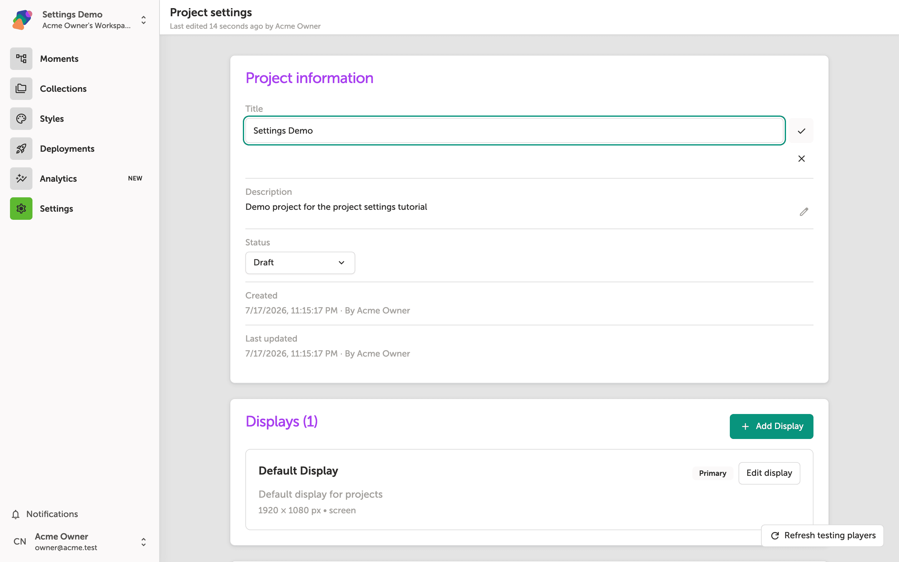 Project Settings page showing the Displays section with one display listed and an Add Display button