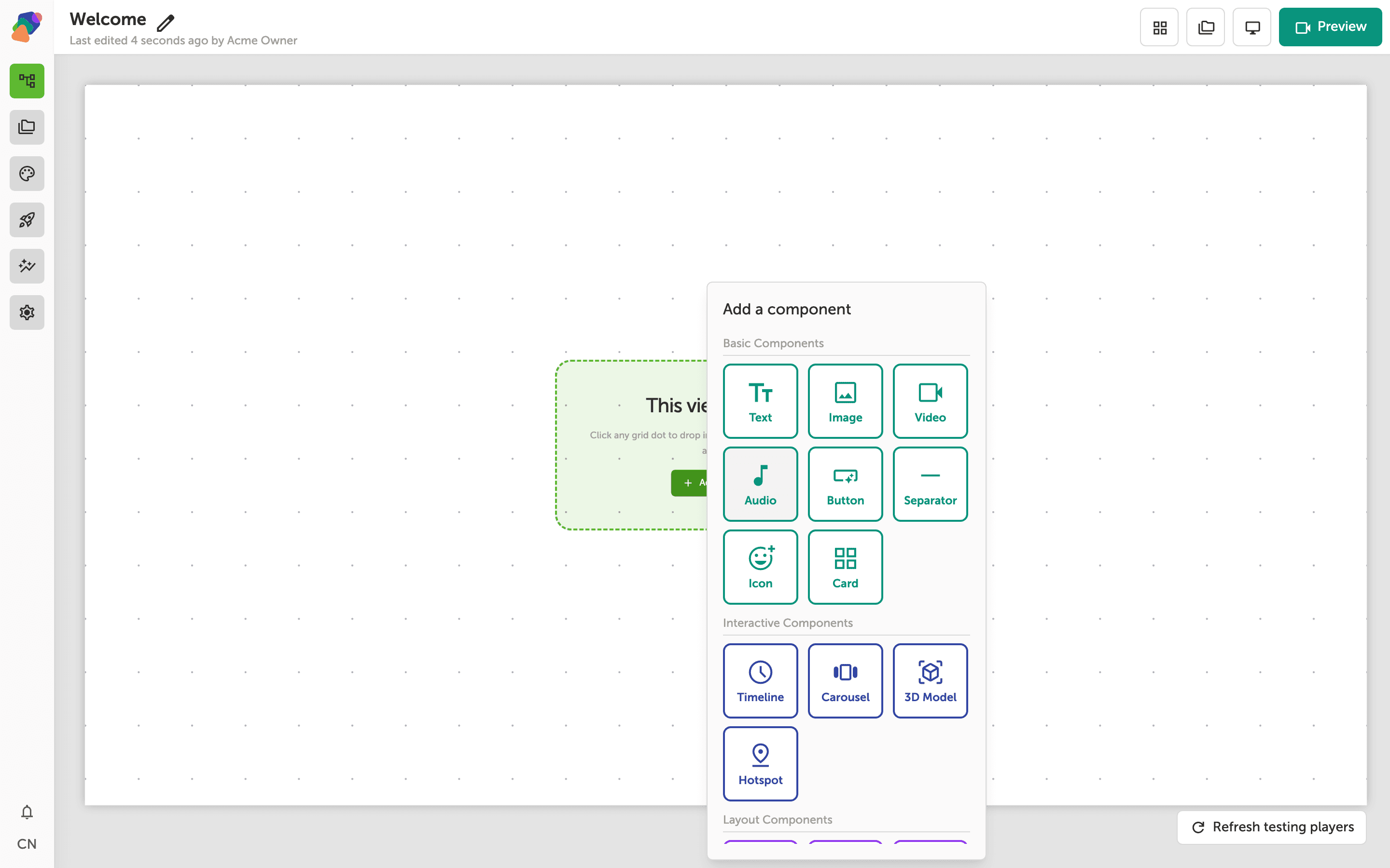 The Add component popover is open in the Zibit view editor, showing a list of component types including Container, Card, Text, Image, Video, and others. The Text option is visible in the list.
