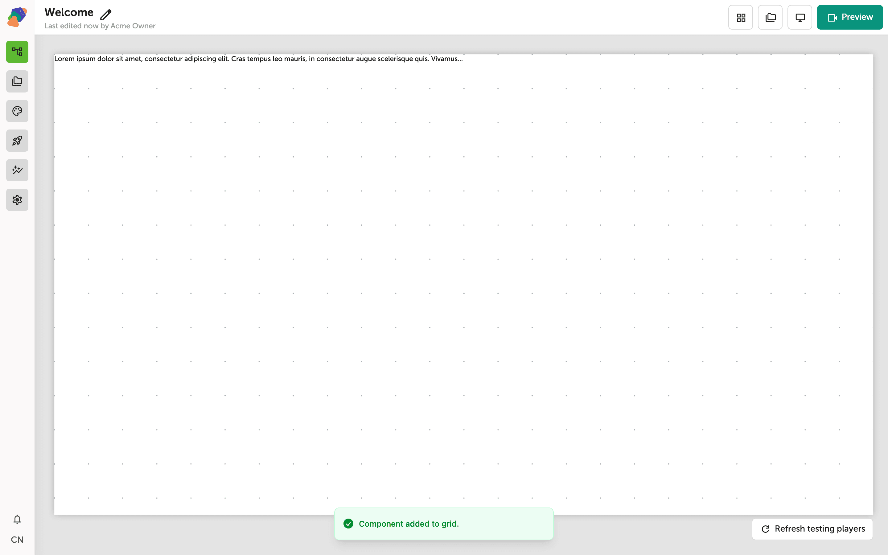 The Zibit view editor showing a Text component placed on the grid with default placeholder copy reading 'Welcome'