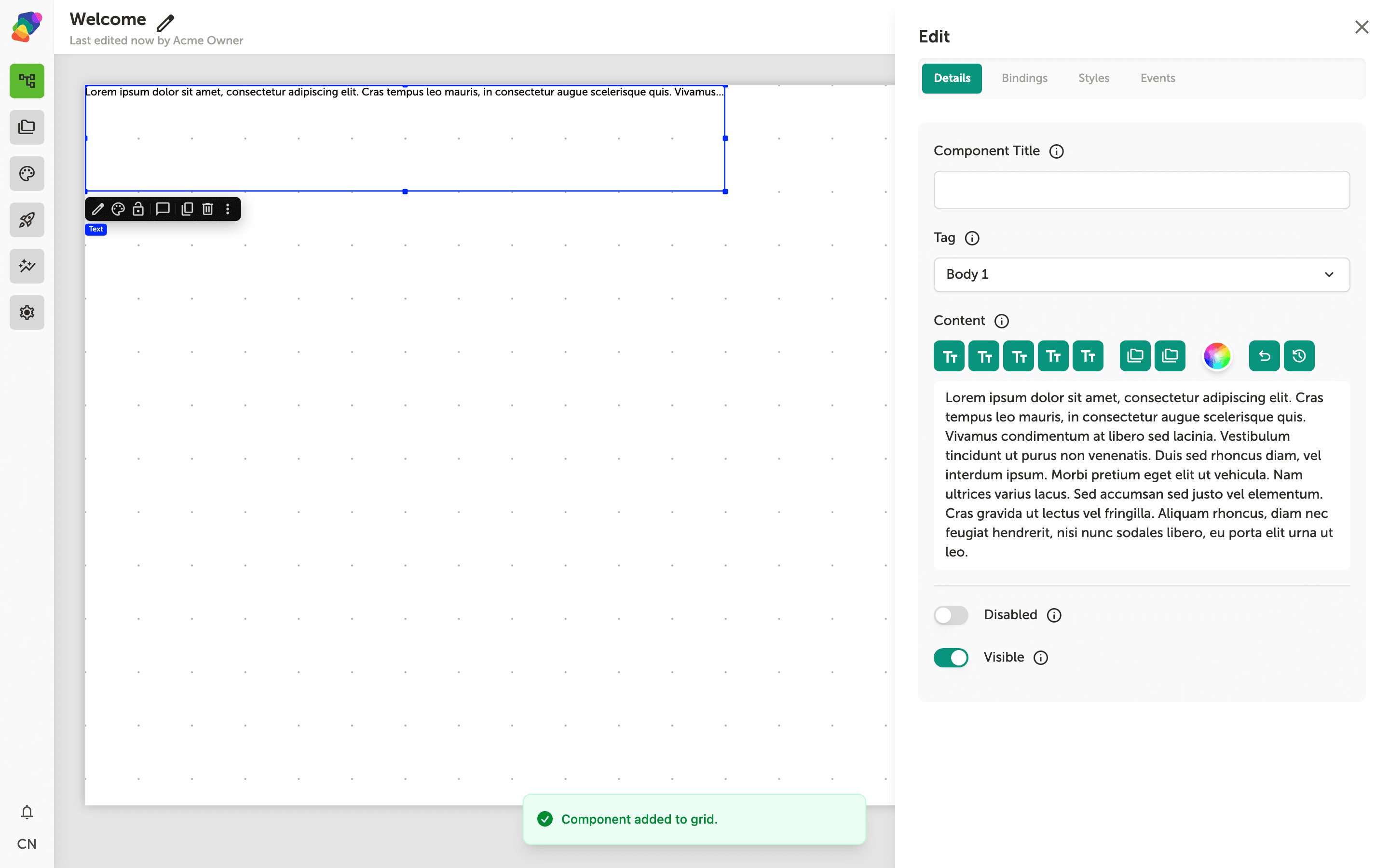 The Edit panel's Details tab is open on the right side of the screen, showing a rich text editor with formatting controls for a selected text component on the canvas. The canvas displays a moment with a 'Welcome' heading.