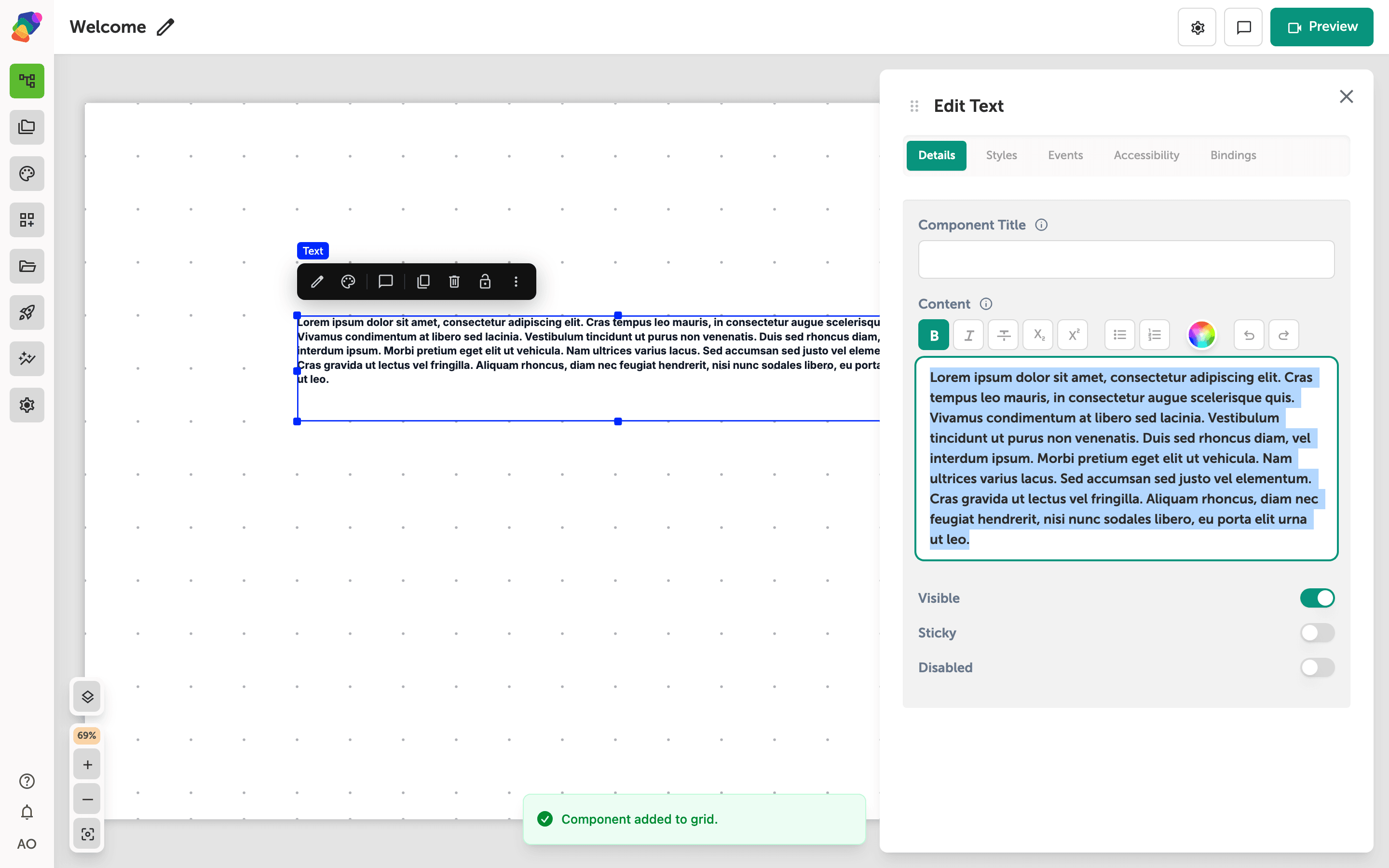 The View Editor showing a text component selected on the canvas. The Edit panel is open on the right, displaying the Content field with a rich text toolbar. Bold formatting has been applied to the text.