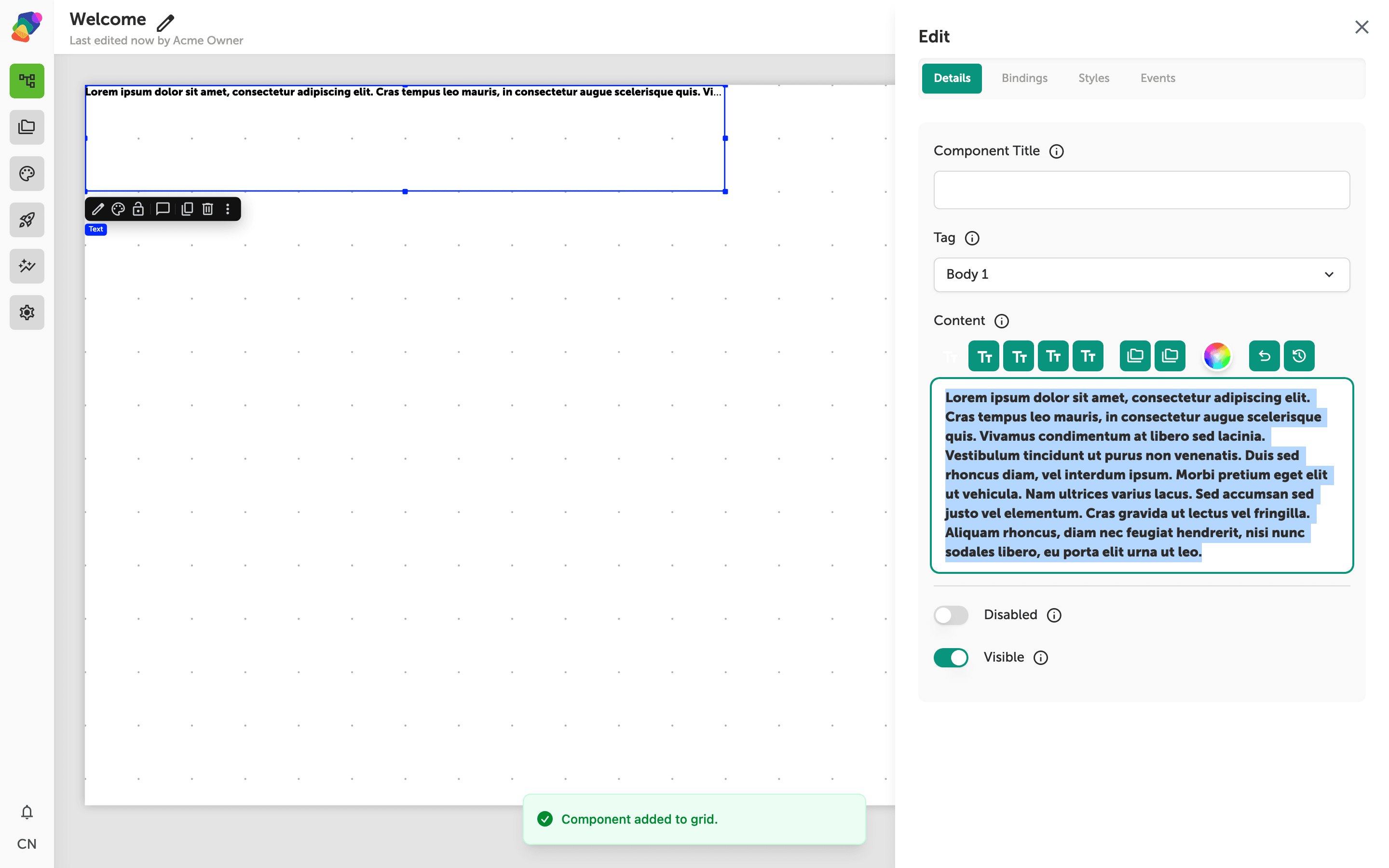 The View Editor showing a text component selected on the canvas. The Edit panel is open on the right, displaying the Content field with a rich text toolbar. Bold formatting has been applied to the text.