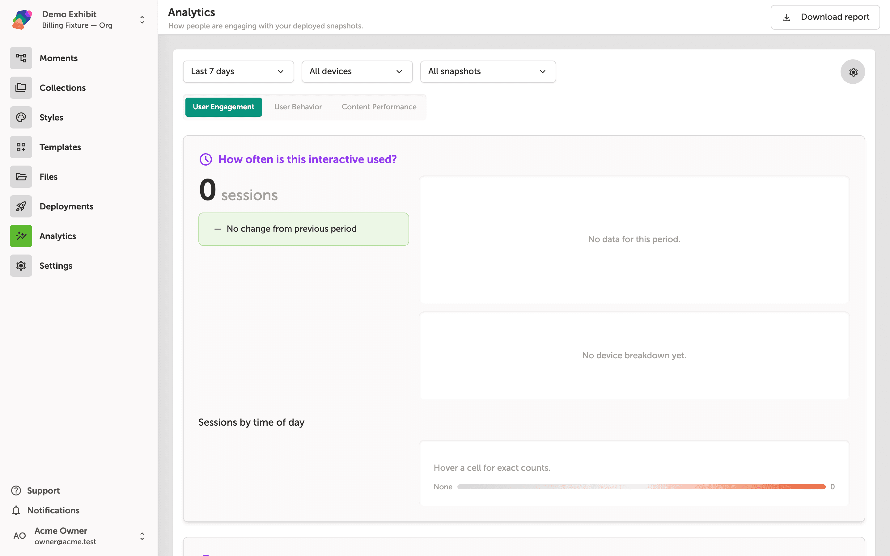 The Analytics dashboard showing a filter bar with date range, device, and snapshot dropdowns above a User Engagement tab. A line chart displays 3 sessions over the last 7 days with no change from the previous period.