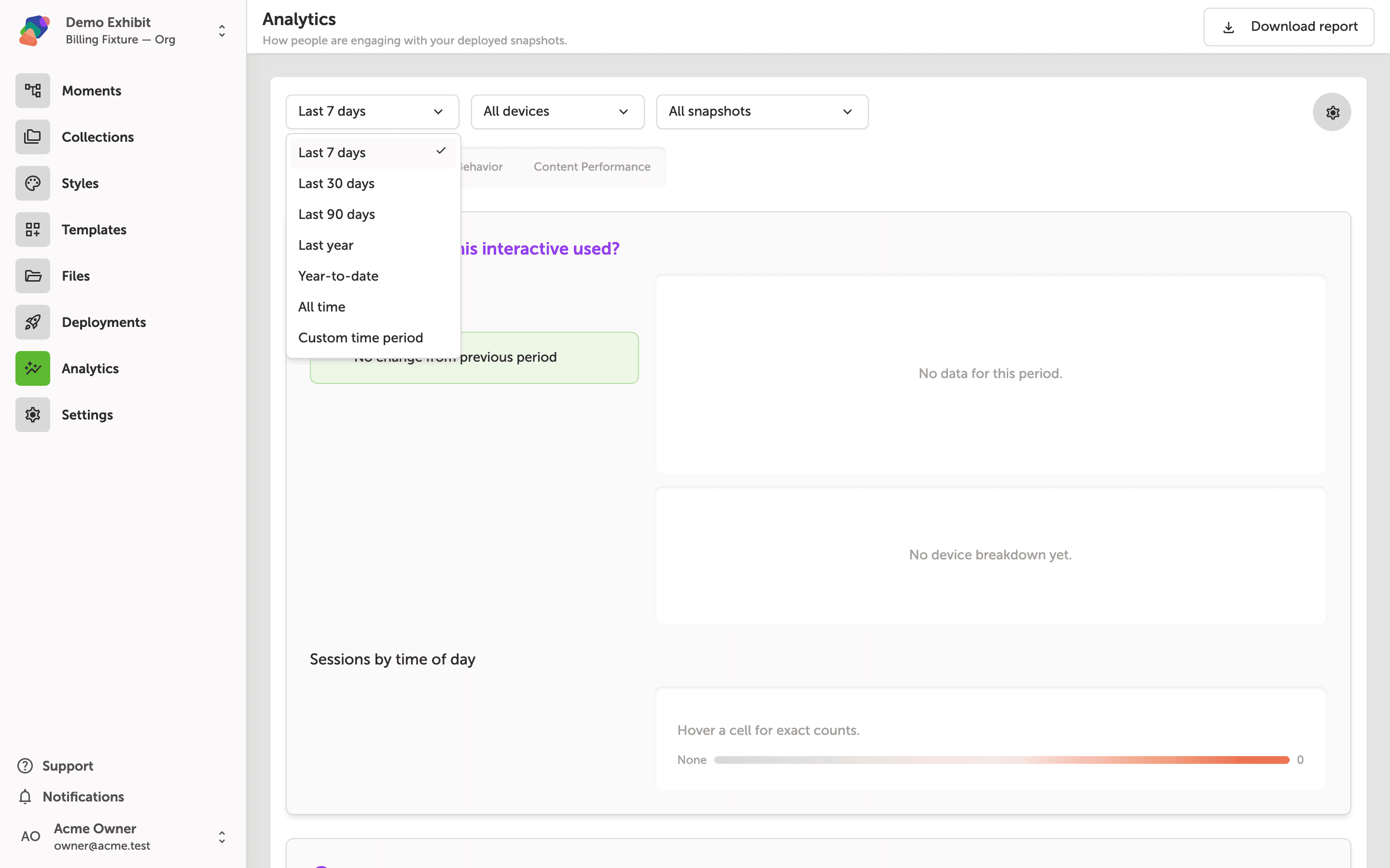The Analytics page with the date range dropdown open, showing preset options from Last 7 days to Custom time period, while a session chart and device table are visible in the background