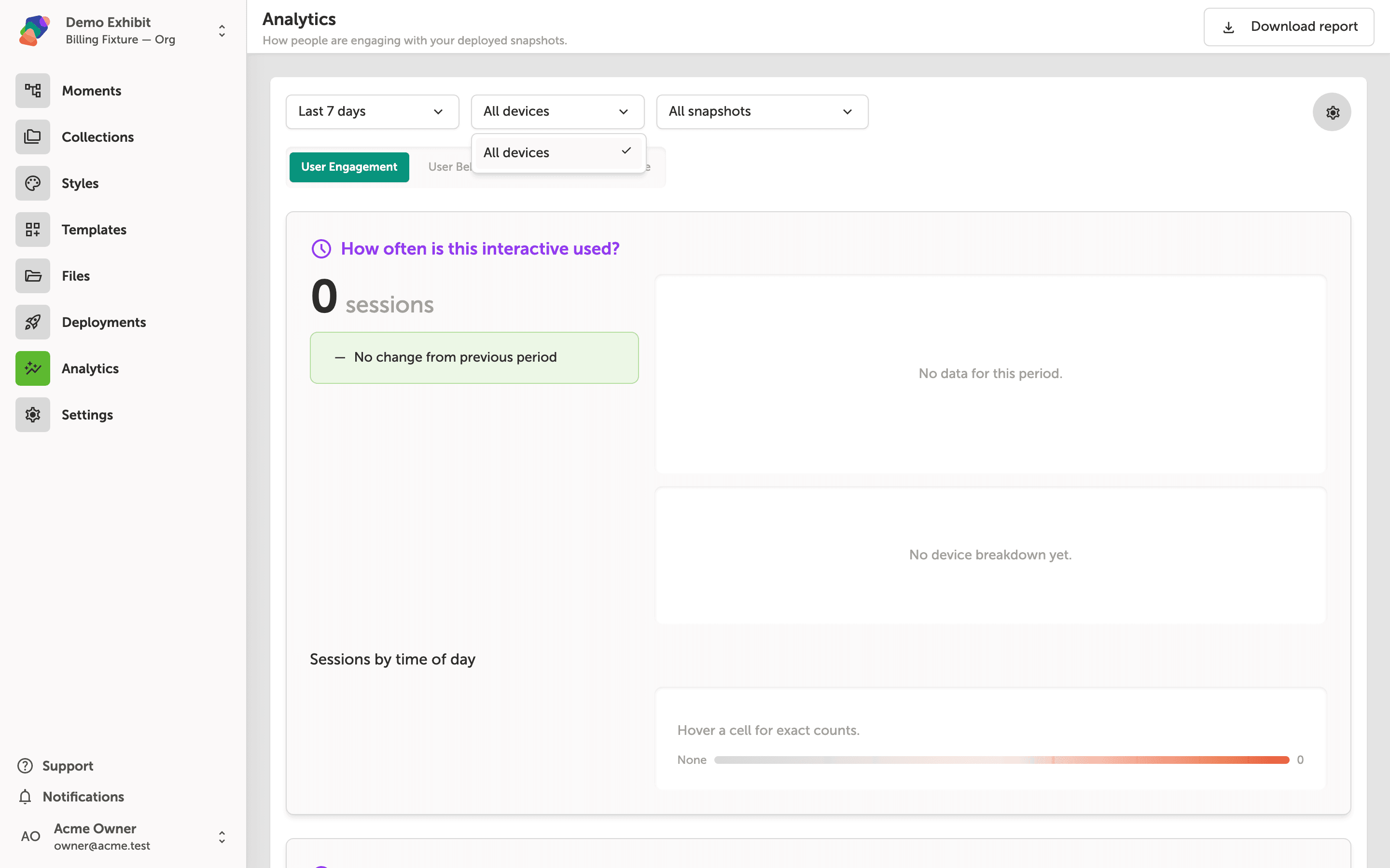The Analytics page with the All devices dropdown open, showing two options: All devices (checked) and Web—Initial. The session chart and a breakdown table with Web—Initial showing 3 sessions are visible behind the dropdown.