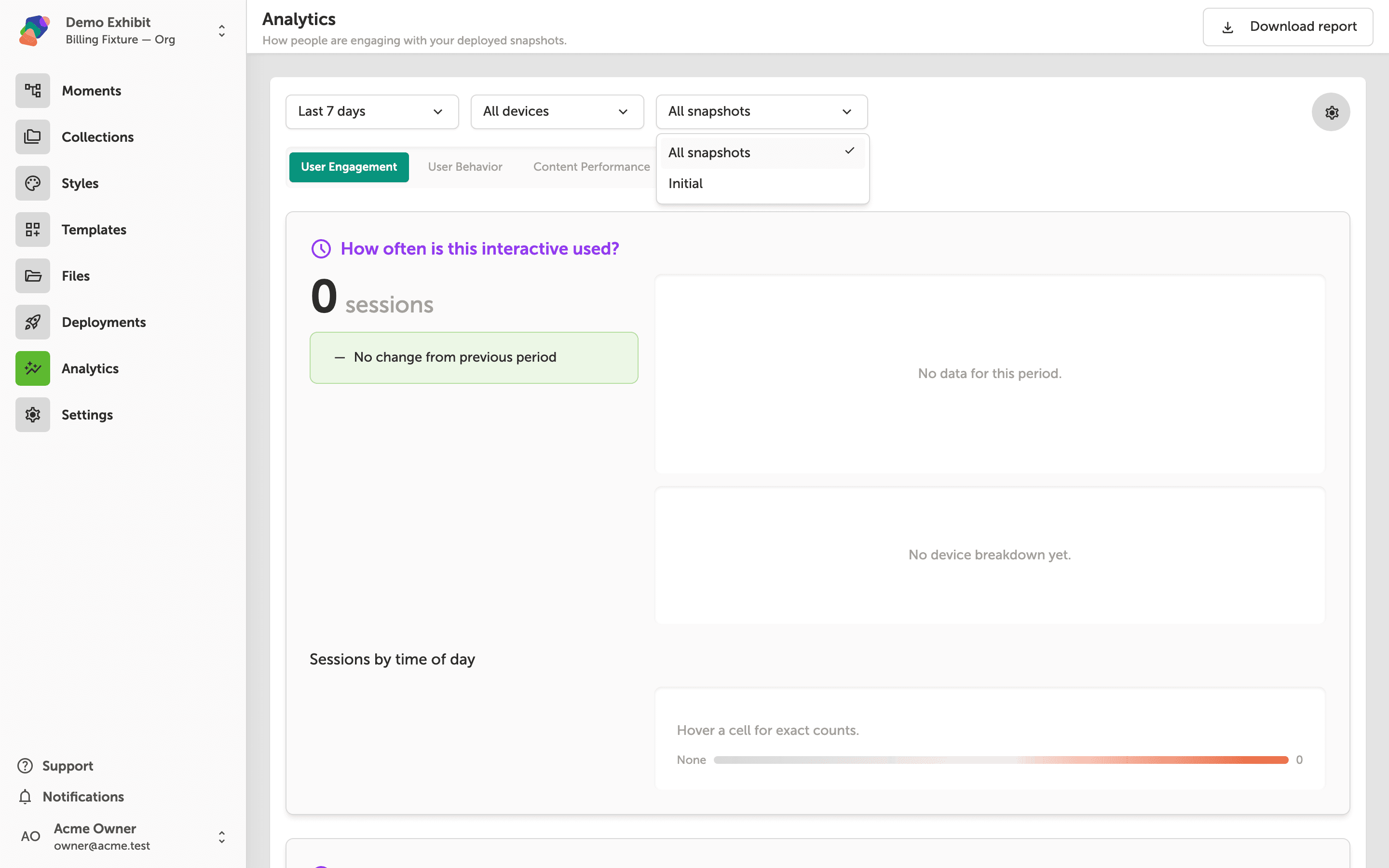 The Analytics page with the All snapshots dropdown open, showing two options: All snapshots (currently selected) and Initial