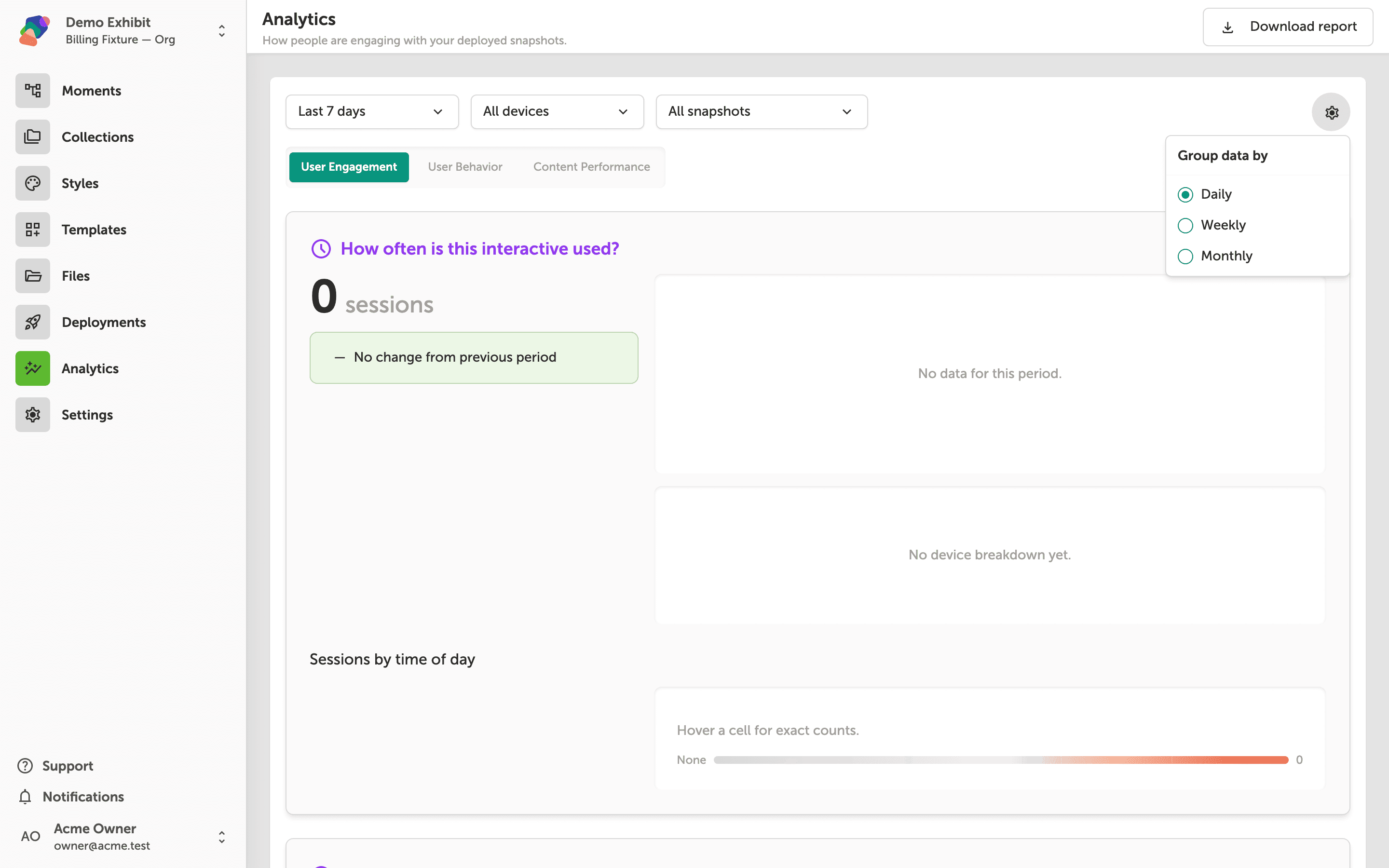 The Analytics page with the Group data by panel open, showing Daily selected and Weekly and Monthly as additional options