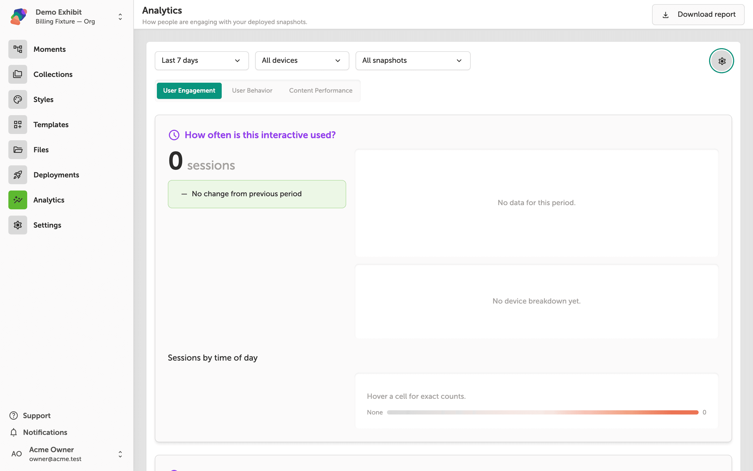 The Analytics dashboard showing 3 sessions over the last 7 days with a line chart and a sessions-by-device table. The Download report button is visible in the top-right corner of the page header.