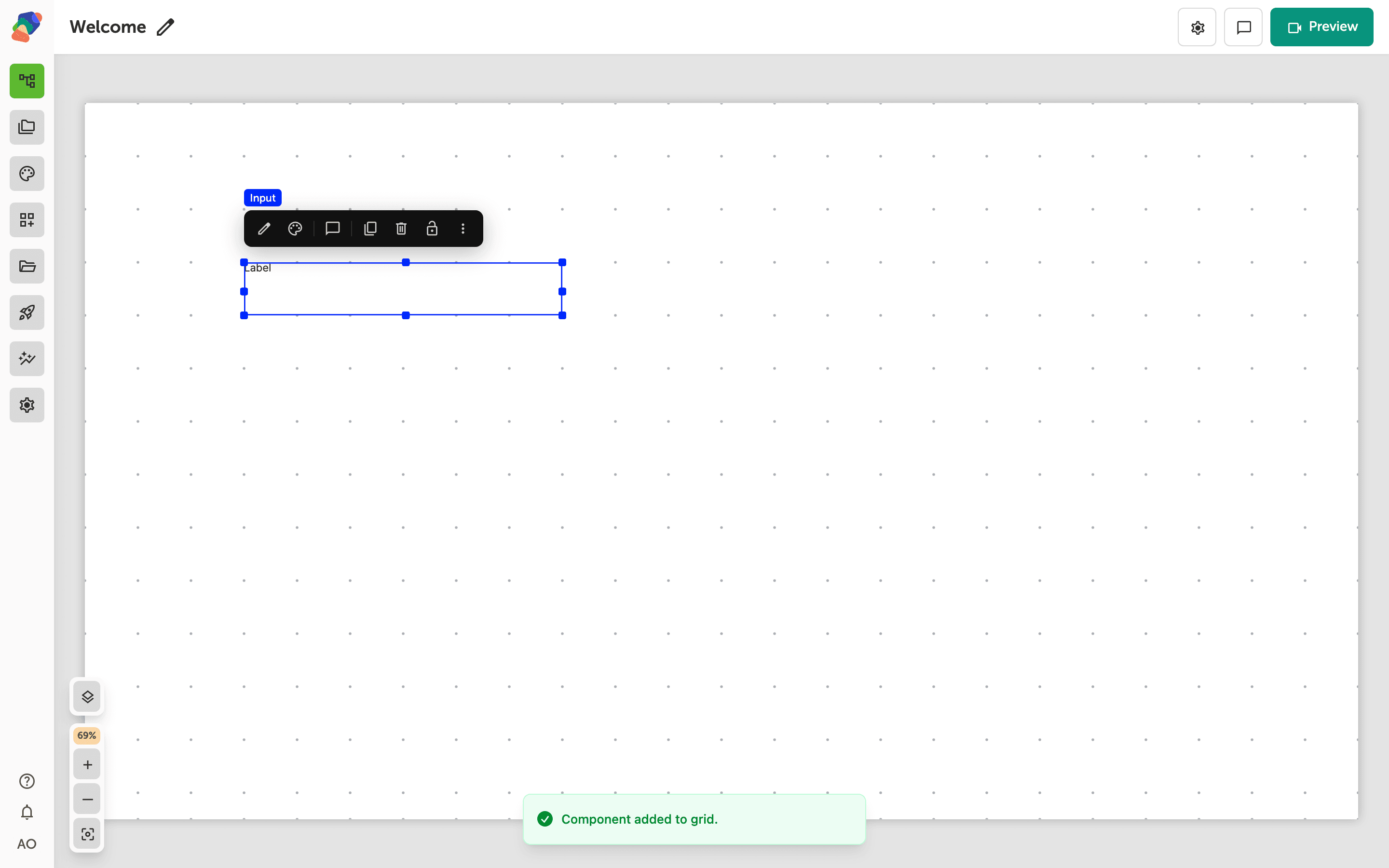 An Input component selected on the grid.