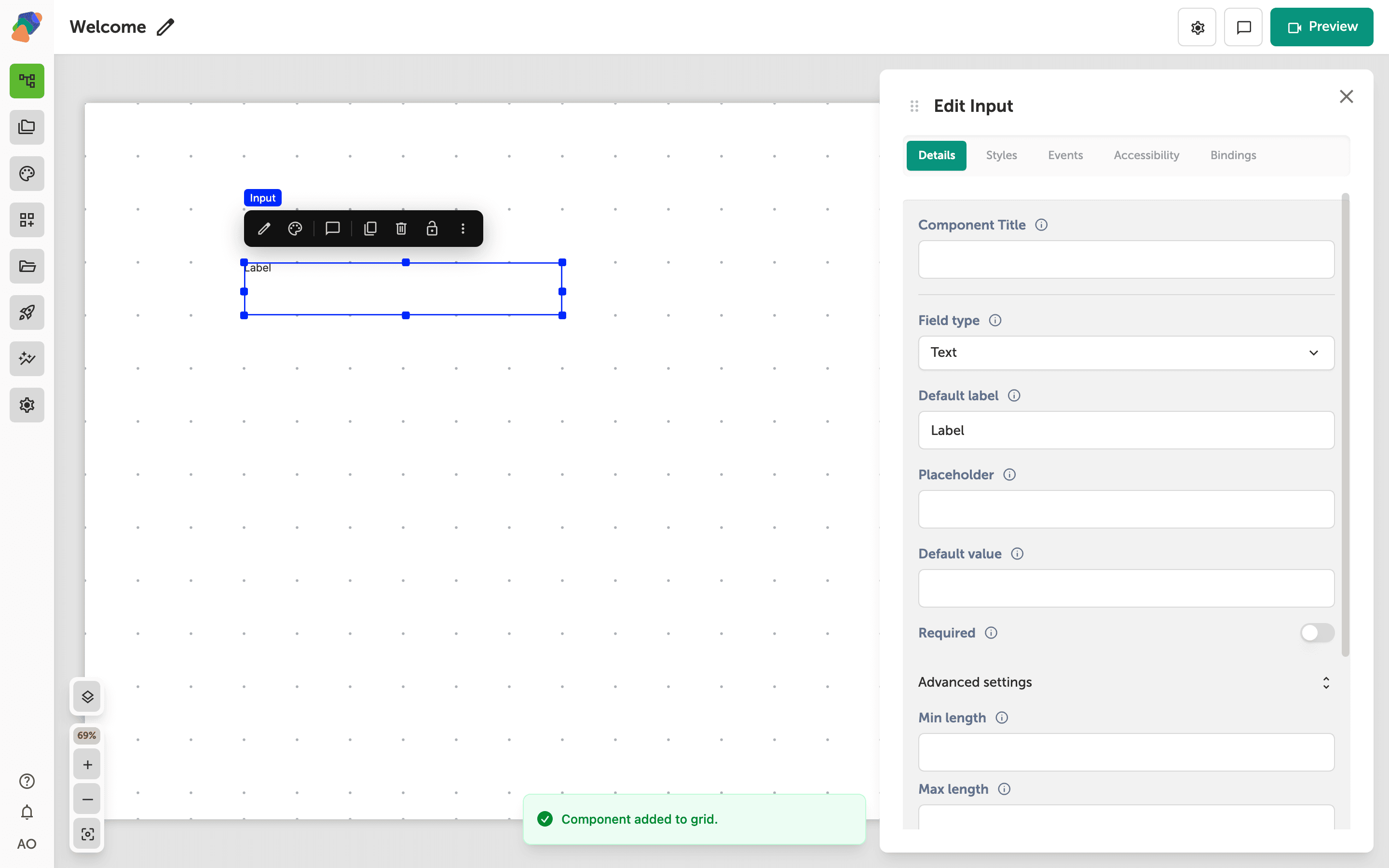 Advanced settings open on an Input, showing Min length, Max length, and Pattern.