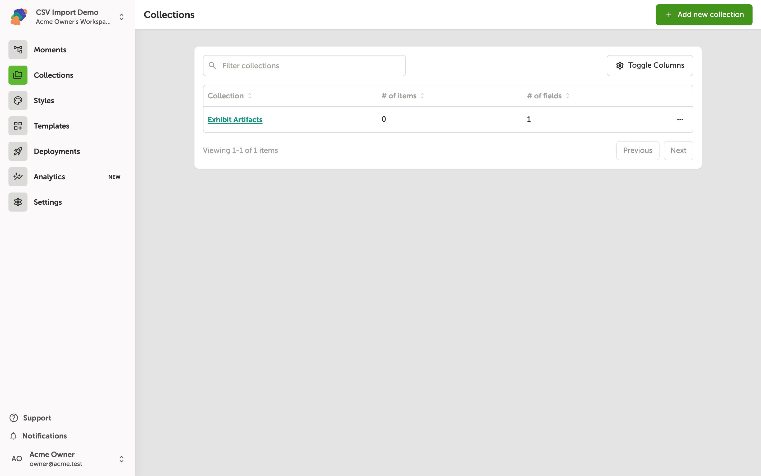 The Collections page showing a table with one collection named Exhibit Artifacts, which has 0 items and 1 field. An Add new collection button appears in the top right.