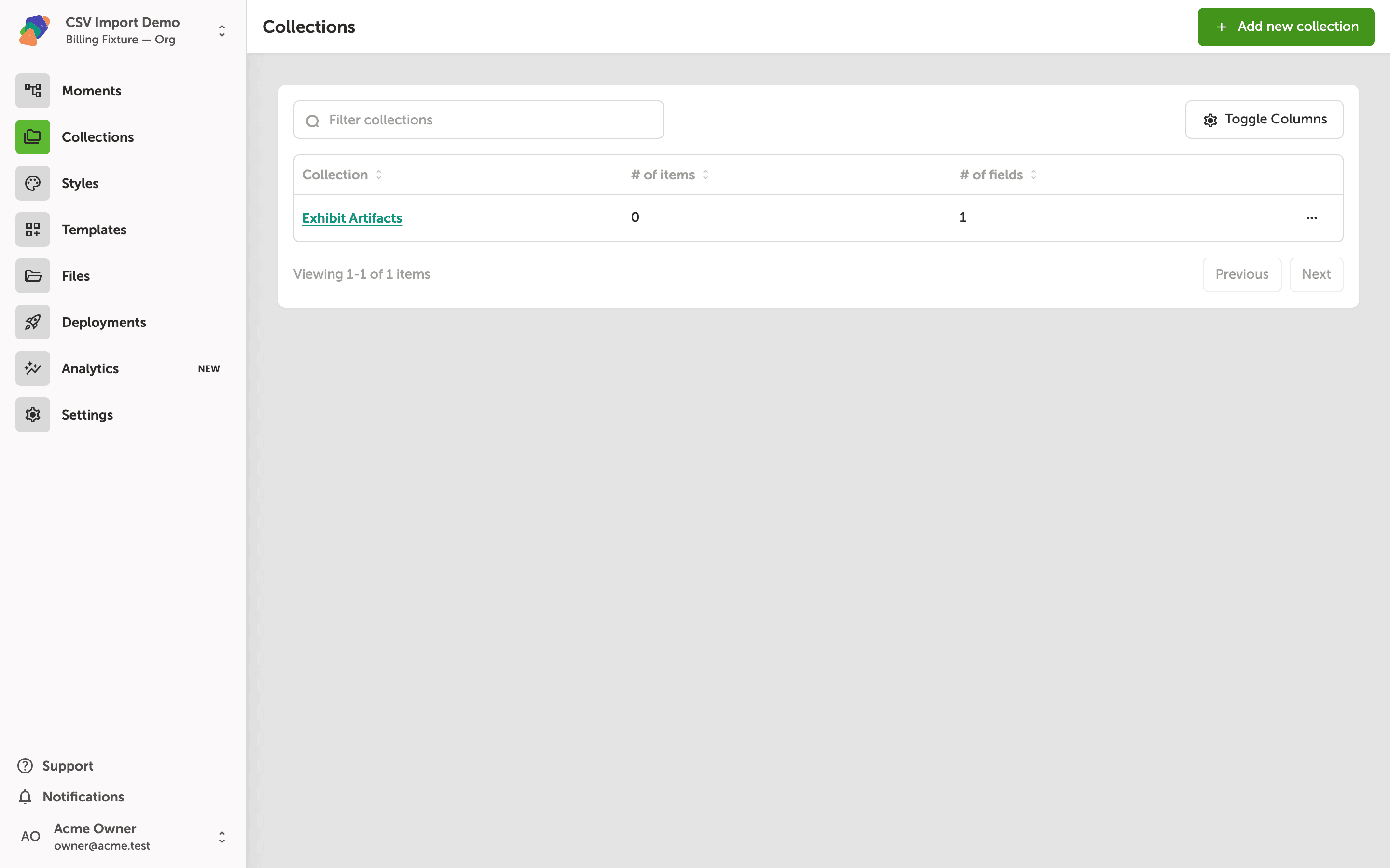 The Collections page showing a table with one collection named Exhibit Artifacts, which has 0 items and 1 field. An Add new collection button appears in the top right.