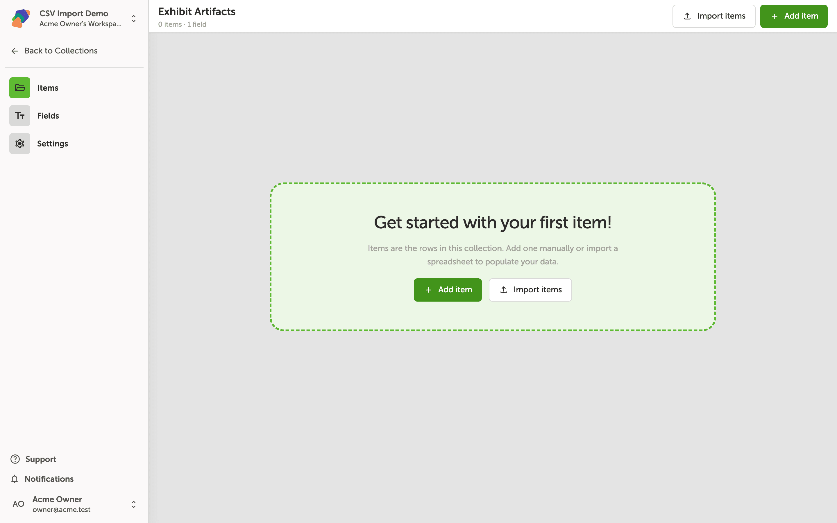 The Exhibit Artifacts collection Items tab showing an empty state panel with 'Get started with your first item!' and two buttons: Add item and Import items