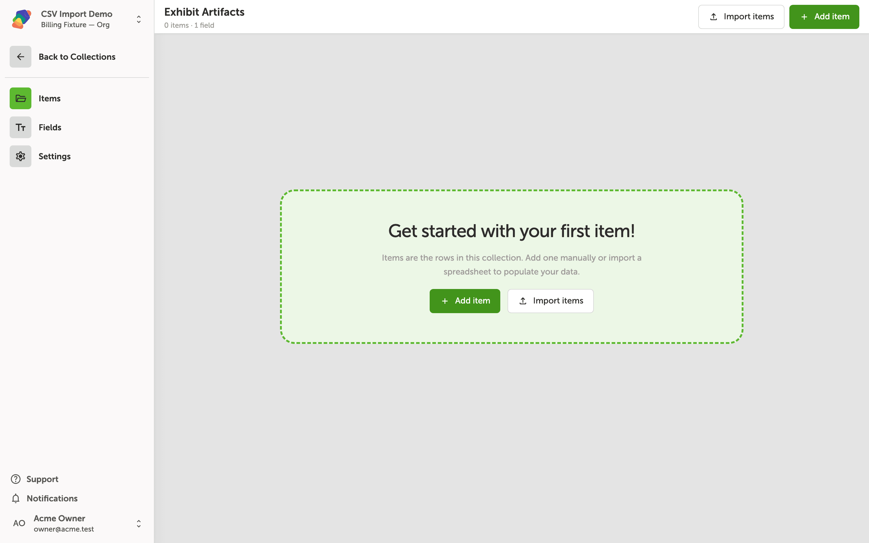 The Exhibit Artifacts collection Items tab showing an empty state panel with 'Get started with your first item!' and two buttons: Add item and Import items