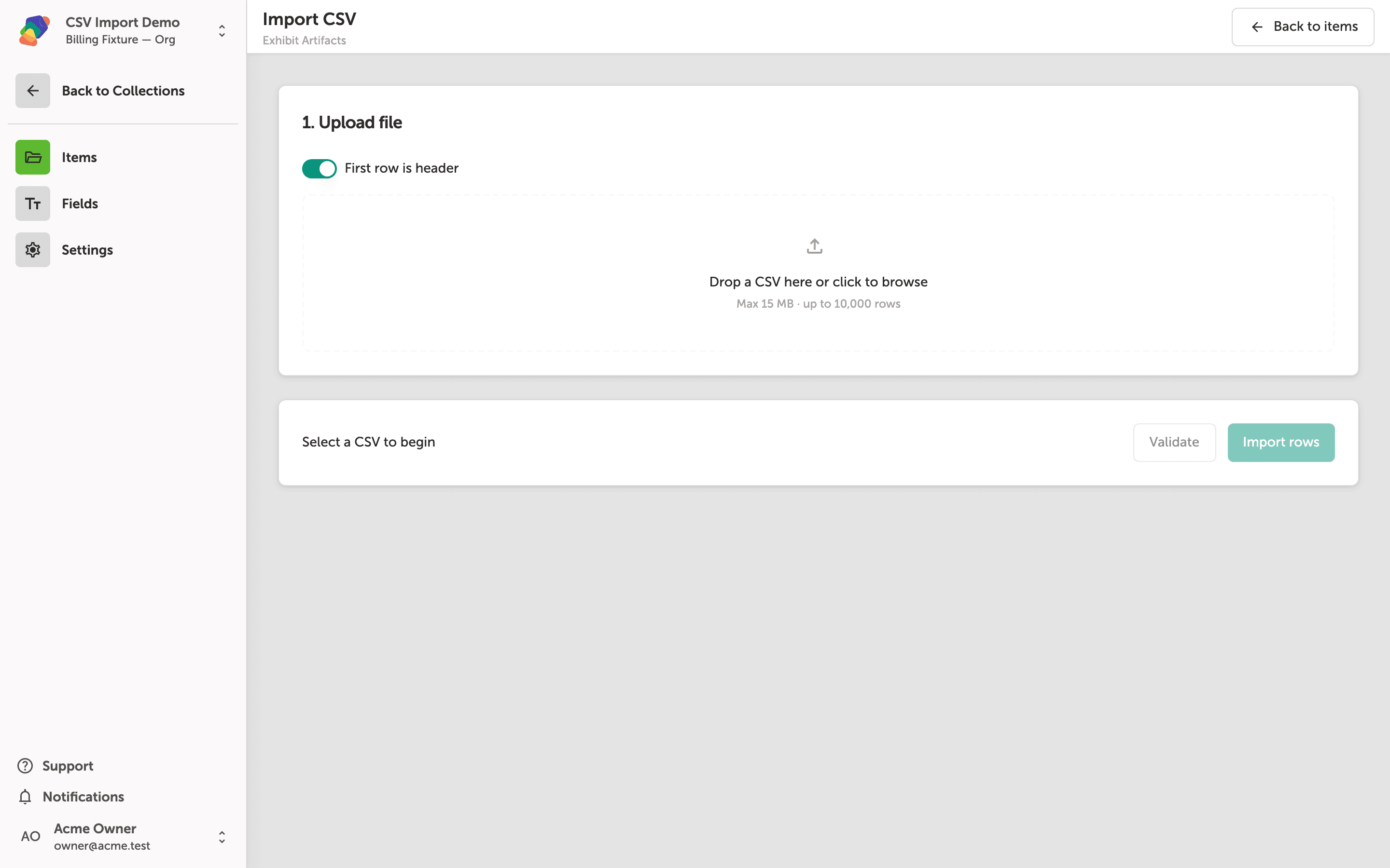 The Import CSV page showing a file upload drop zone with a 'First row is header' toggle turned on. The collection is still loading in the background.