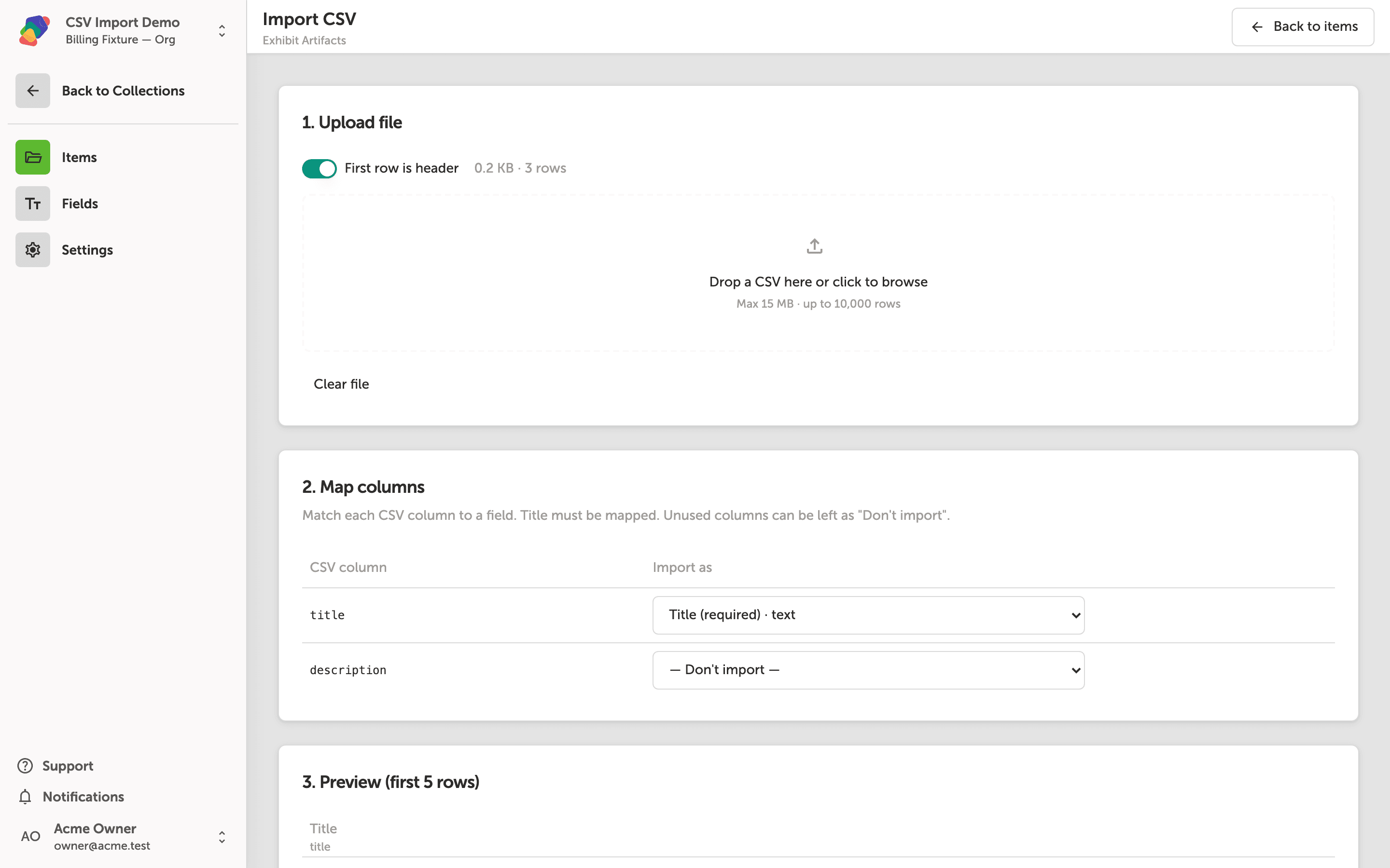 The Import CSV screen showing a file already uploaded at 0.2 KB with 3 rows, the Map columns section with 'title' mapped to Title (required) and 'description' set to Don't import, and Validate and Import 3 rows buttons at the bottom