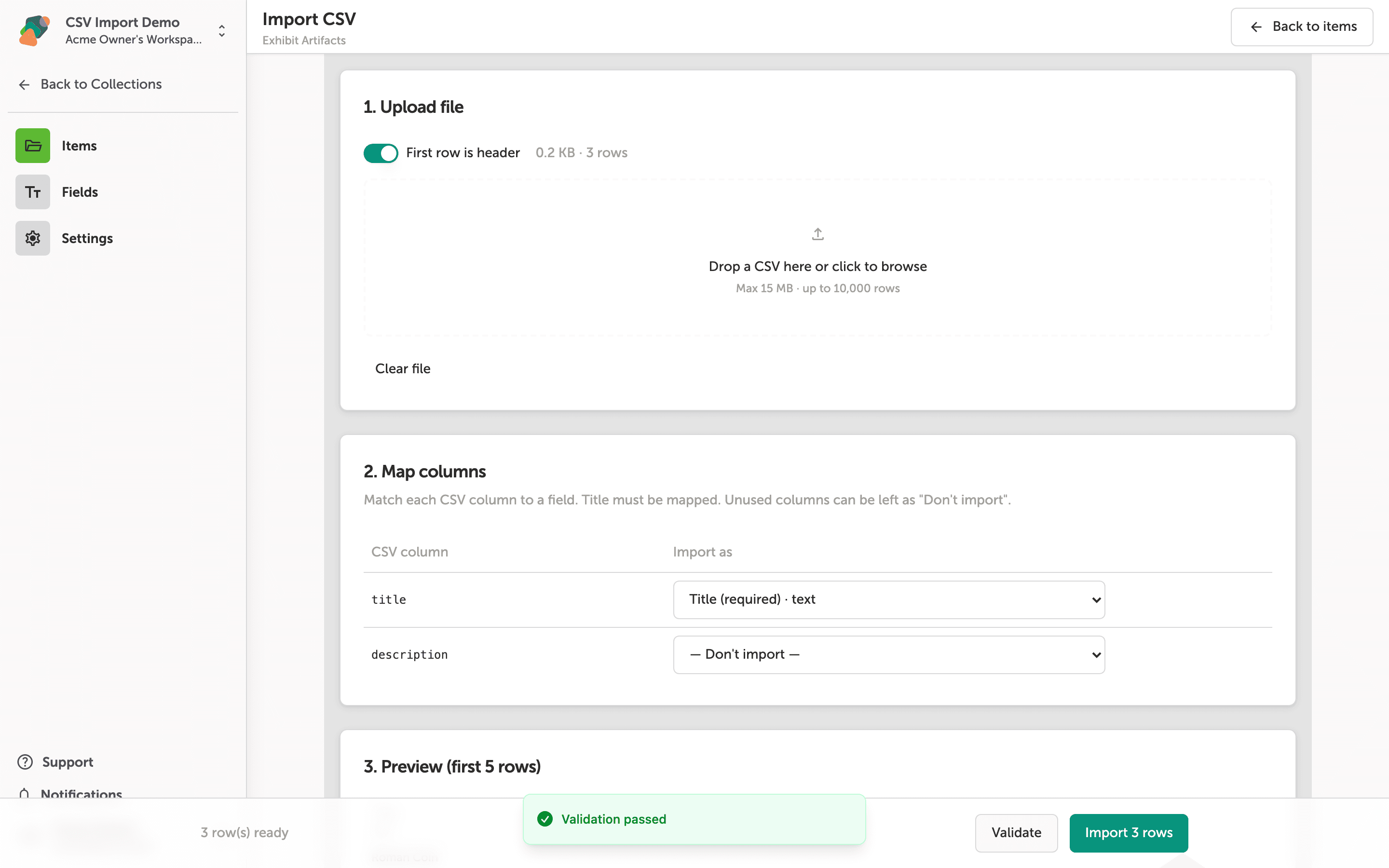 The Import CSV screen showing a file with 3 rows uploaded, two CSV columns mapped to collection fields, a green Validation passed banner at the bottom, and an active Import 3 rows button