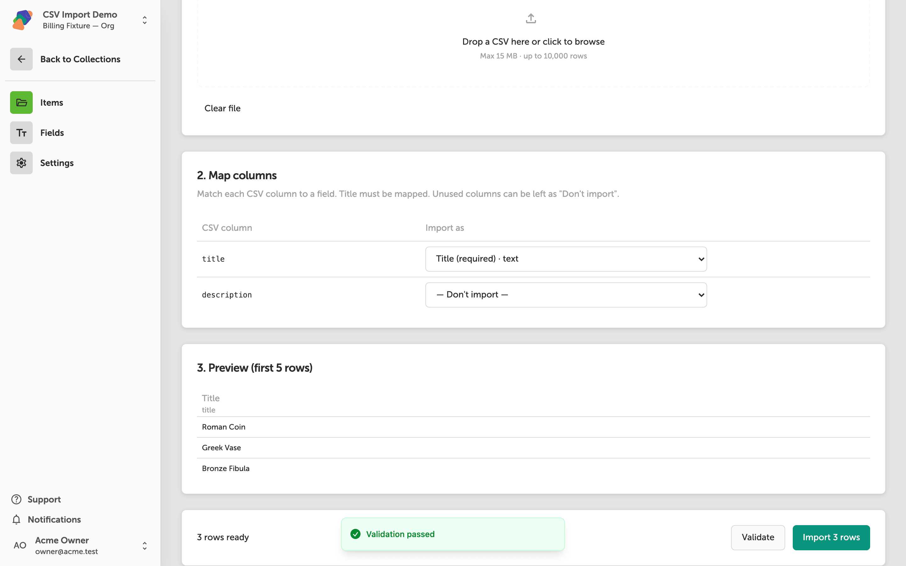 The Import CSV screen showing a file with 3 rows uploaded, two CSV columns mapped to collection fields, a green Validation passed banner at the bottom, and an active Import 3 rows button