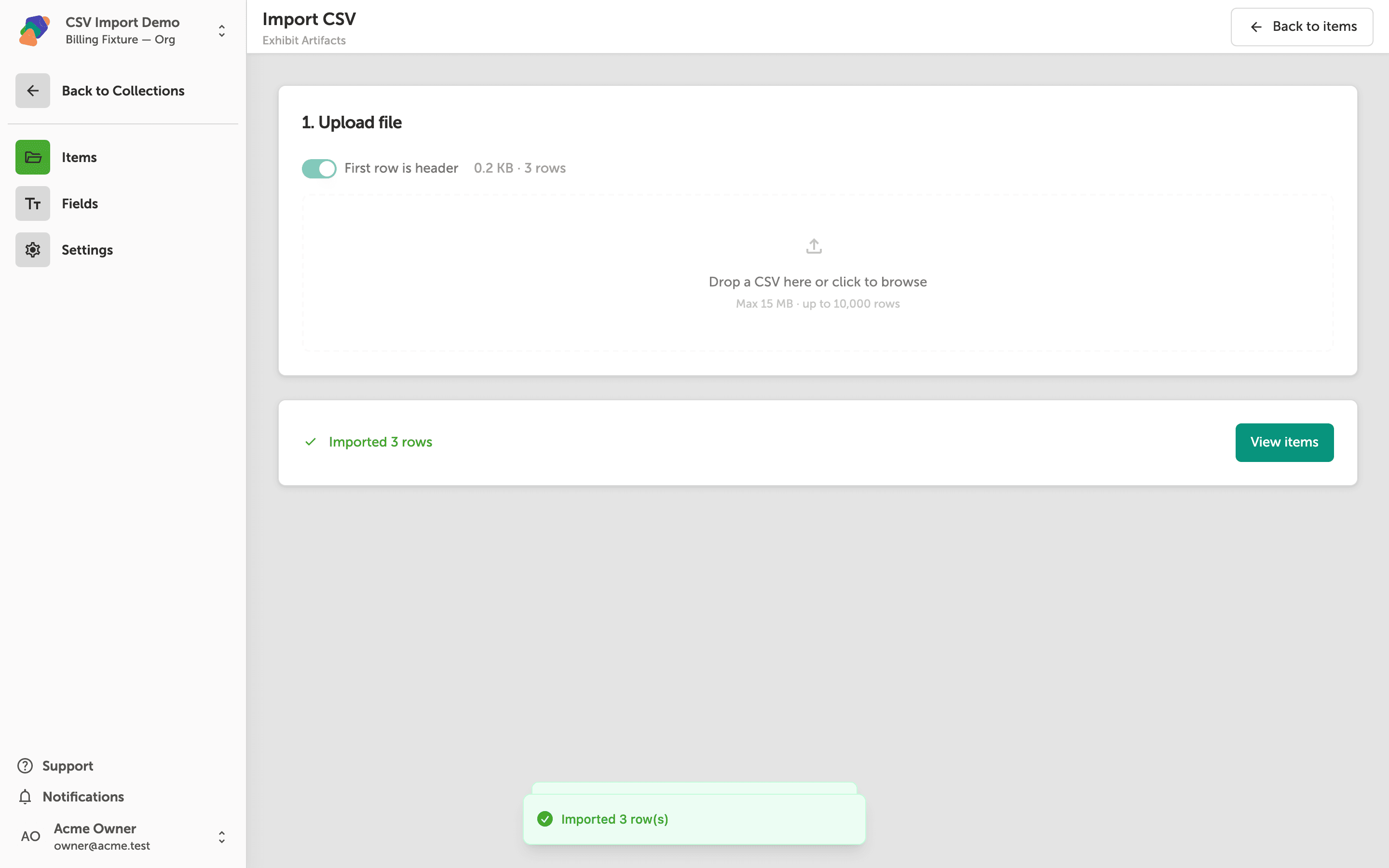 The Import CSV screen after a completed import, showing a green success banner reading 'Imported 3 row(s)' and a View items button in the bottom-right corner