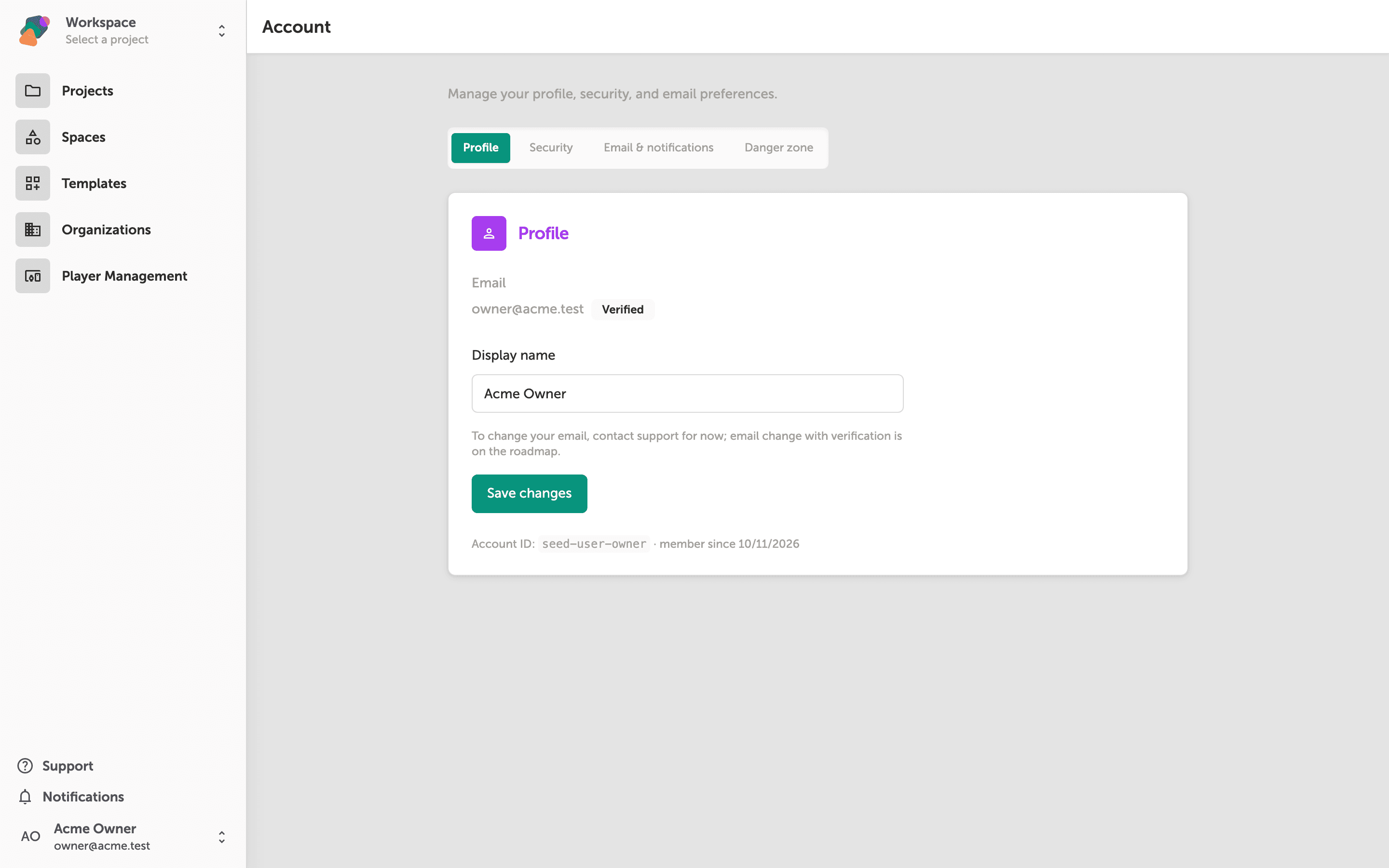 The Account settings page showing the Profile tab with a verified email address, a Display name field containing 'Acme Owner', and four tabs: Profile, Security, Email & notifications, and Danger zone.