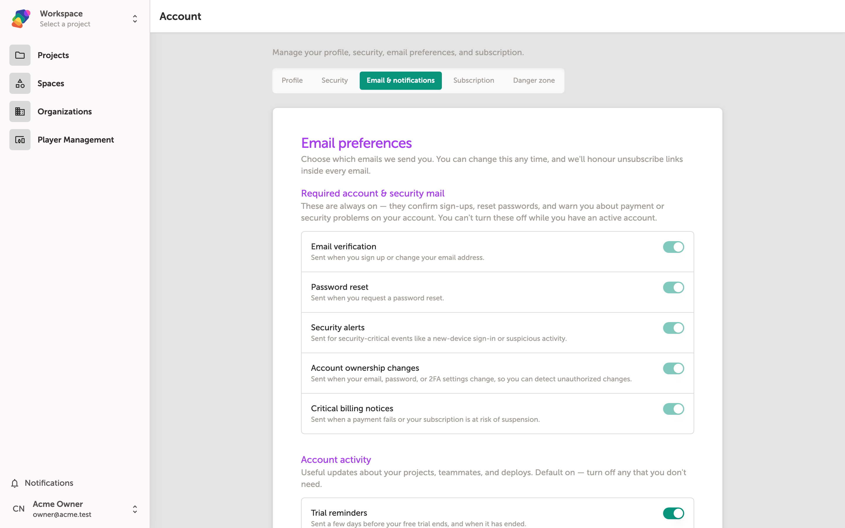 The Account settings page showing three sections of email preferences: required security emails with locked toggles, account activity toggles, and product update opt-ins