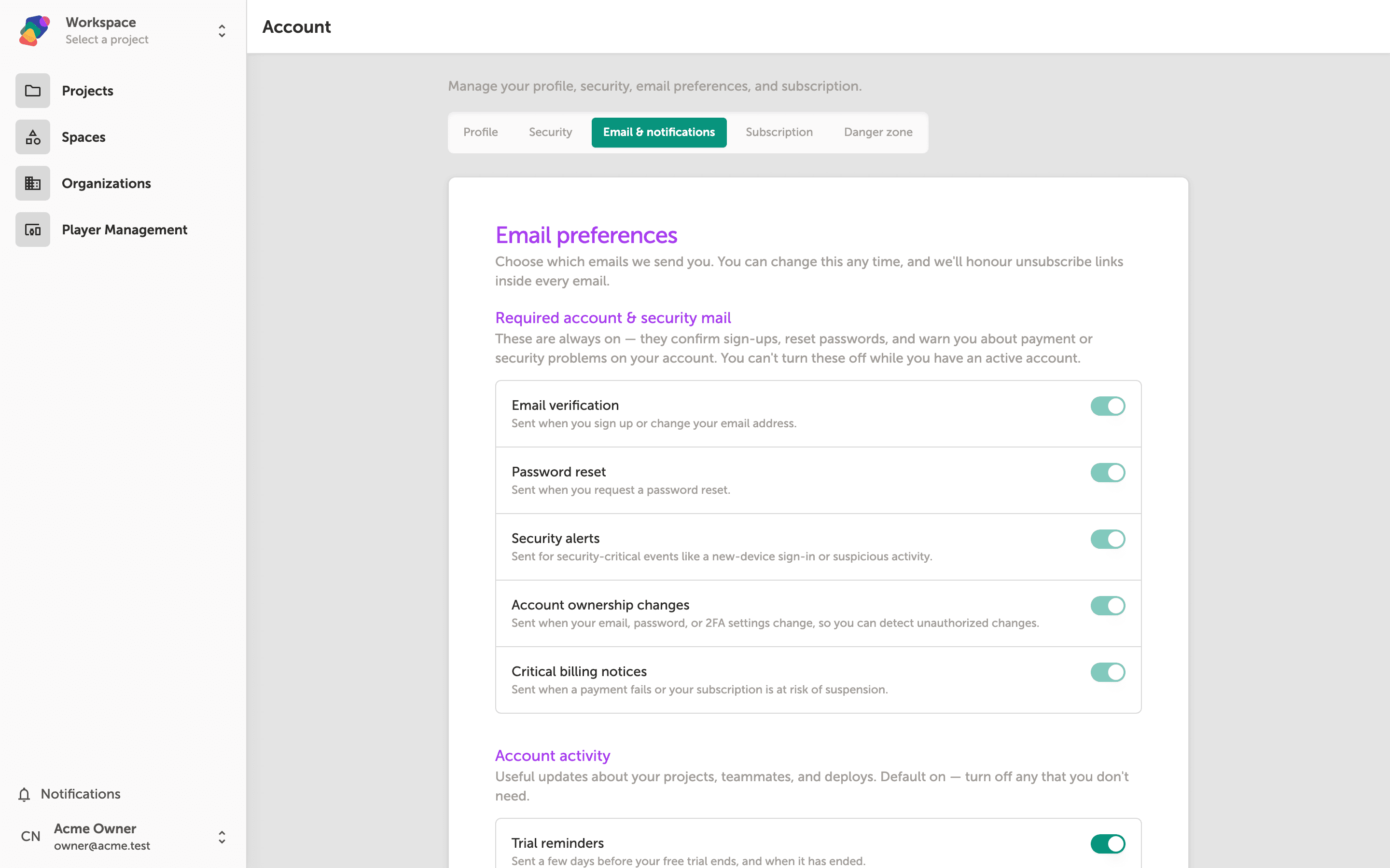The Account settings page showing three sections of email preferences: required security emails with locked toggles, account activity toggles, and product update opt-ins