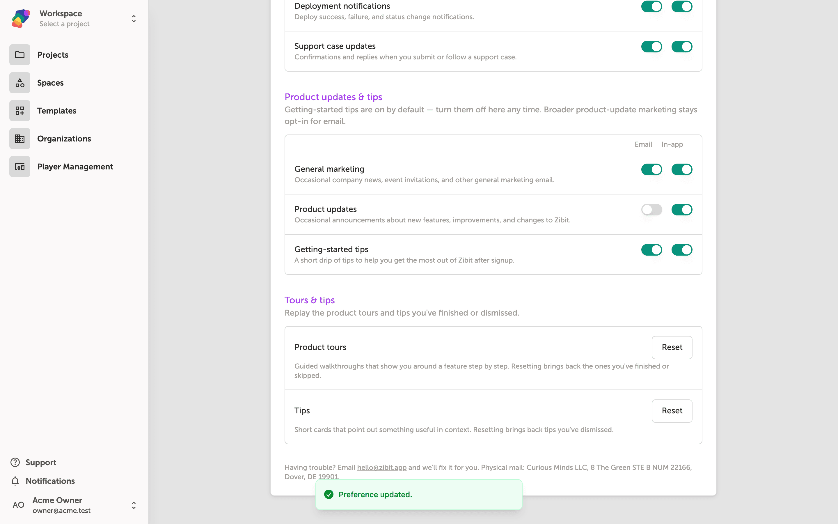 The bottom portion of the Email and notifications settings page, showing toggles for Collaboration notifications, Deployment notifications, Support case updates, General marketing, Product updates, and Getting-started tips, with a green 'Preference updated.' confirmation banner visible at the bottom of the screen.