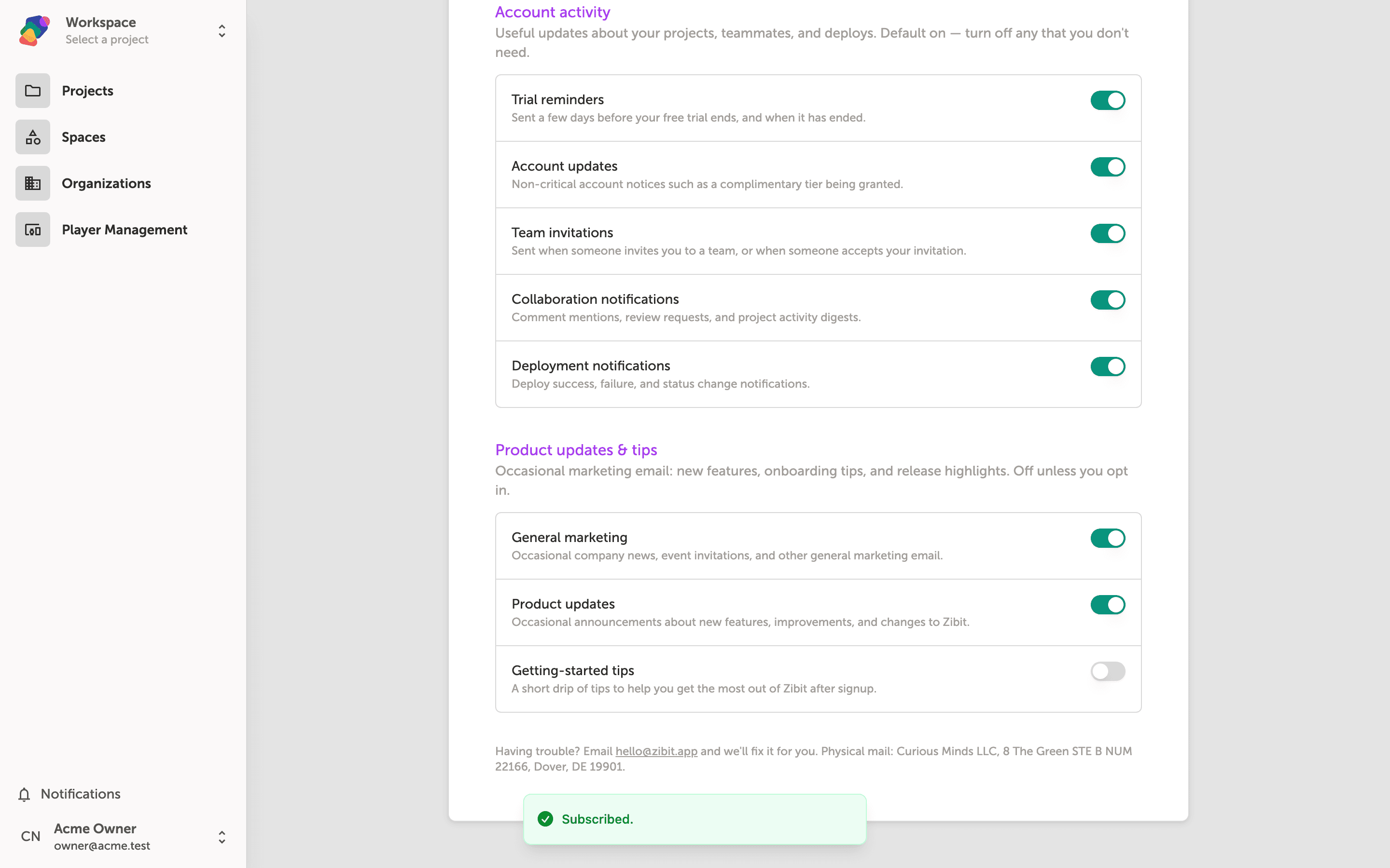 The Account page showing three sections of email notification toggles: required security emails, account activity emails, and product update emails, each with individual on/off switches