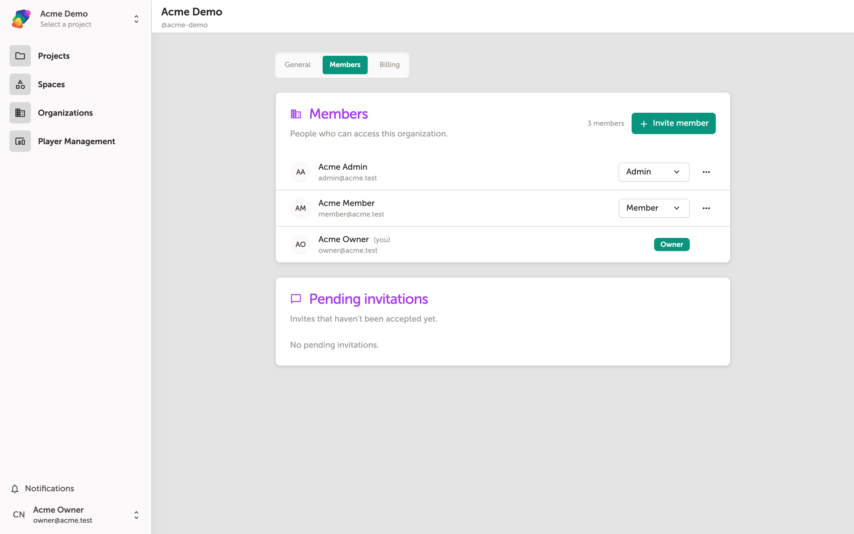 The Members tab of the Acme Demo workspace settings, showing a list of 3 members with their roles and an Invite member button in the top right.