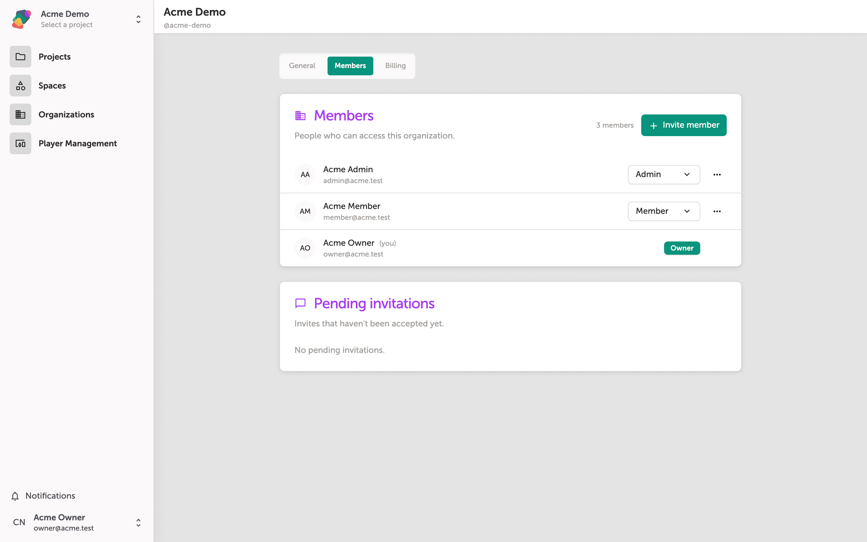 The Members tab of the Acme Demo workspace settings, showing a list of 3 members with their roles and an Invite member button in the top right.