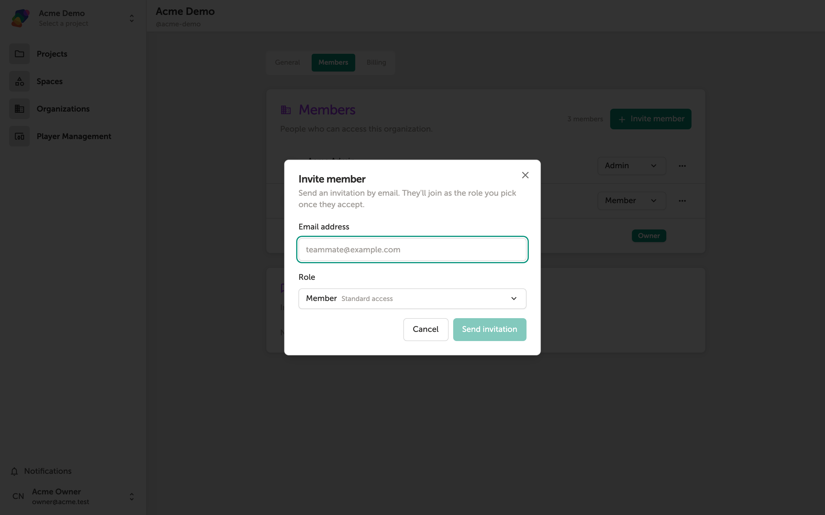The Invite member dialog showing an email address field and a role selector with Admin and Member options, along with Cancel and Send invitation buttons