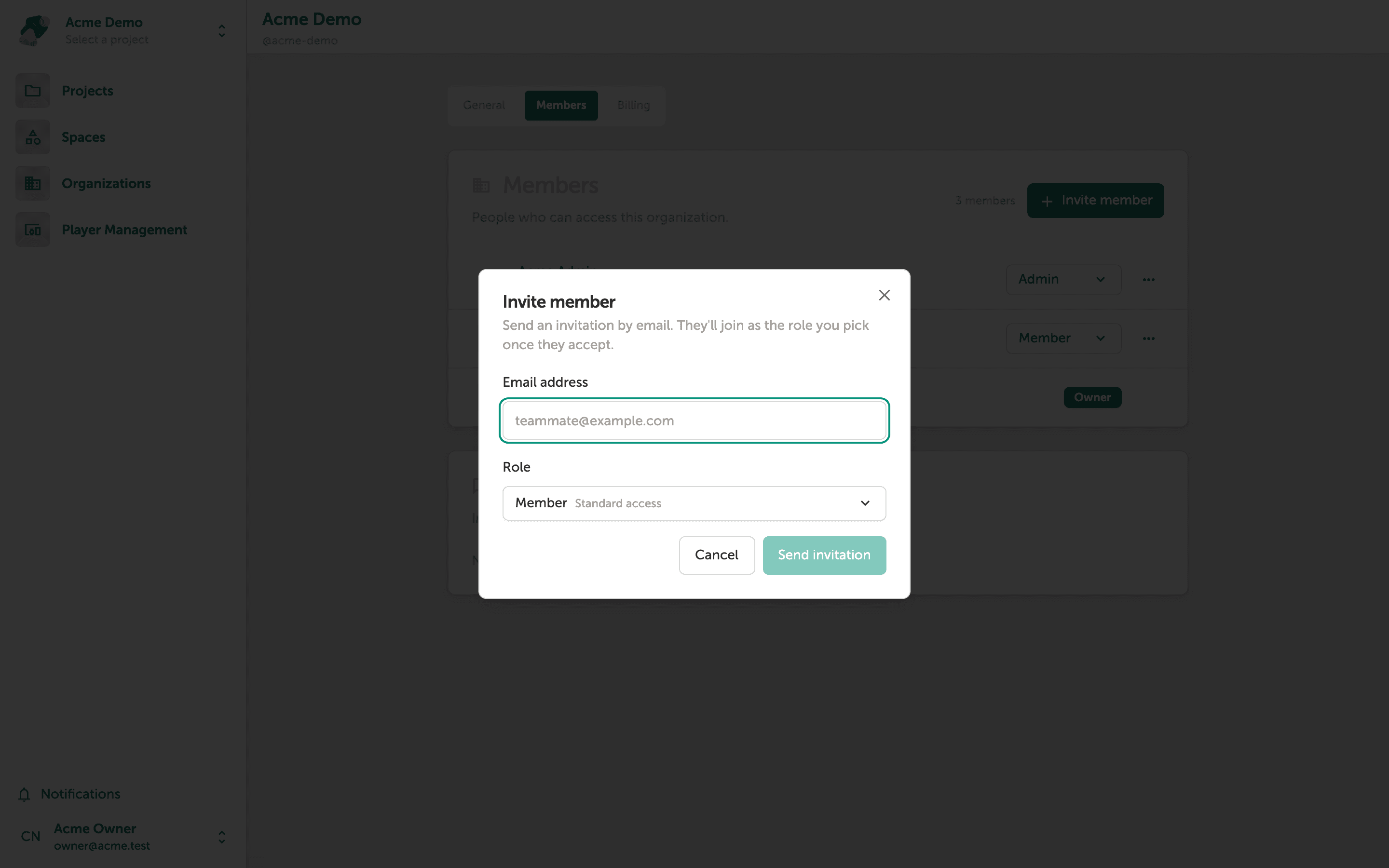 The Invite member dialog showing an email address field and a role selector with Admin and Member options, along with Cancel and Send invitation buttons