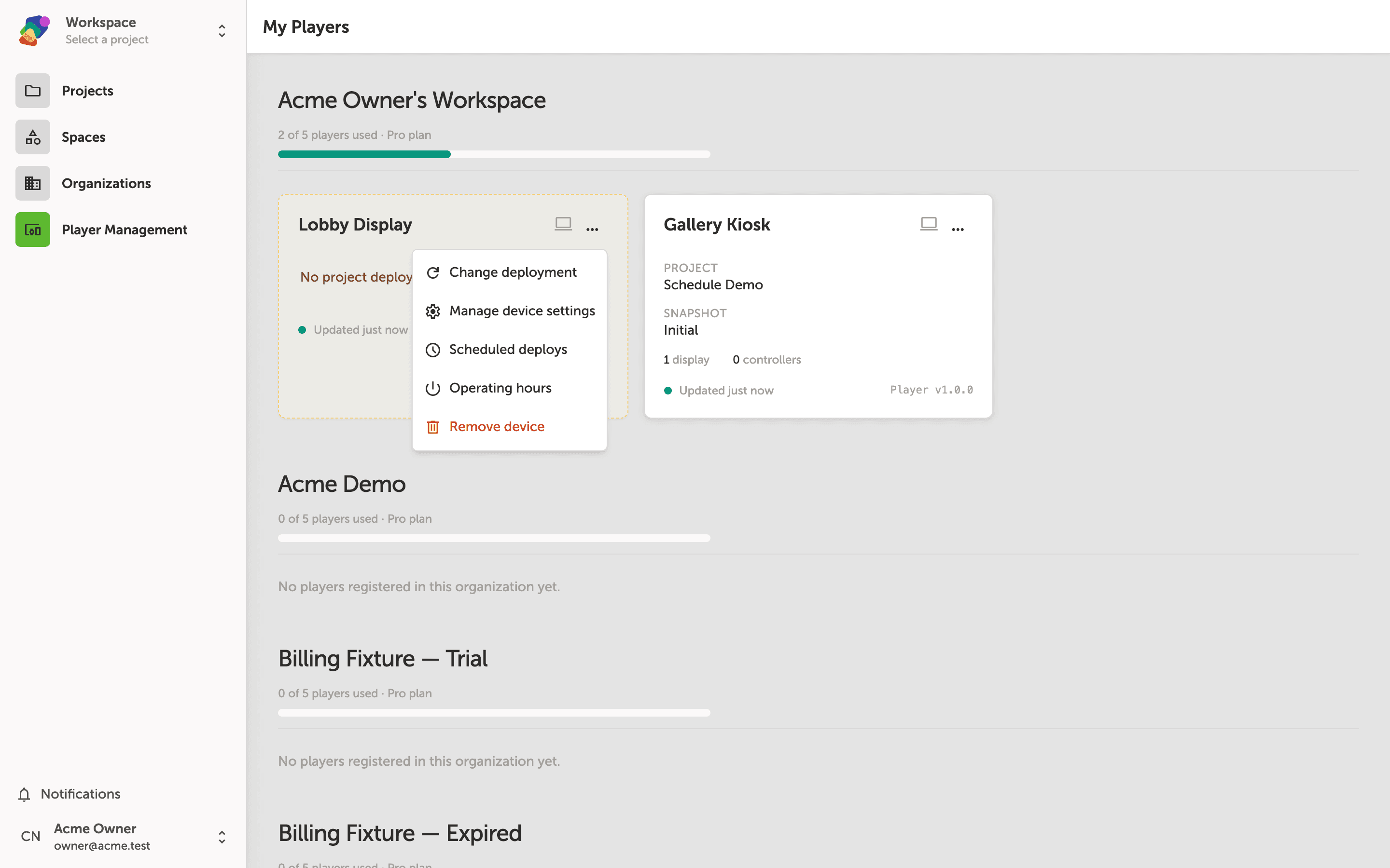 The My Players page showing a list of registered devices including Lobby Display, with the actions menu open revealing options to change deployment, manage settings, manage schedule, and remove device.