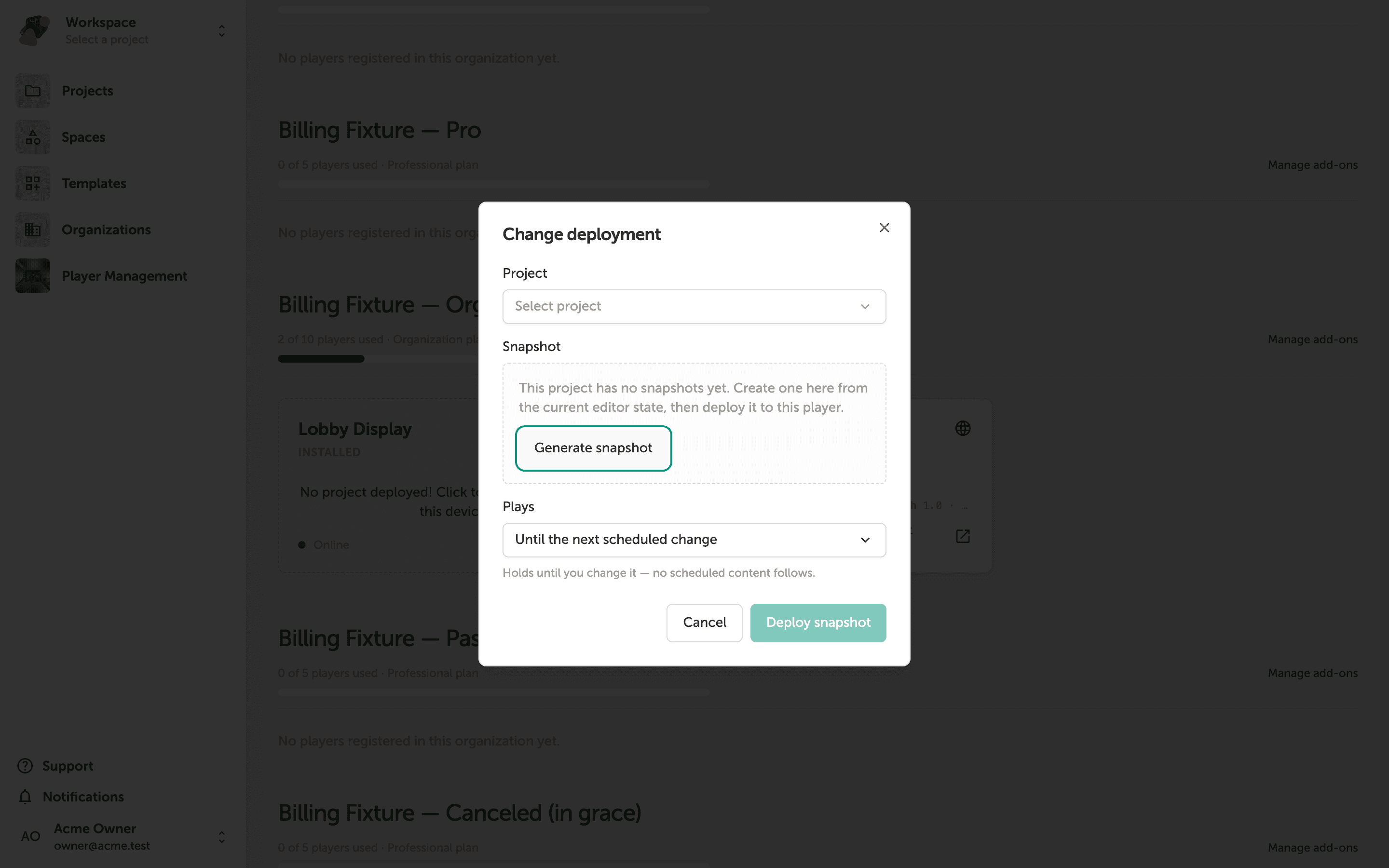 The Change deployment dialog overlaid on the My Players page, showing a loading Project dropdown, a Snapshot section with a prompt to generate a snapshot, and Cancel and Deploy snapshot buttons.