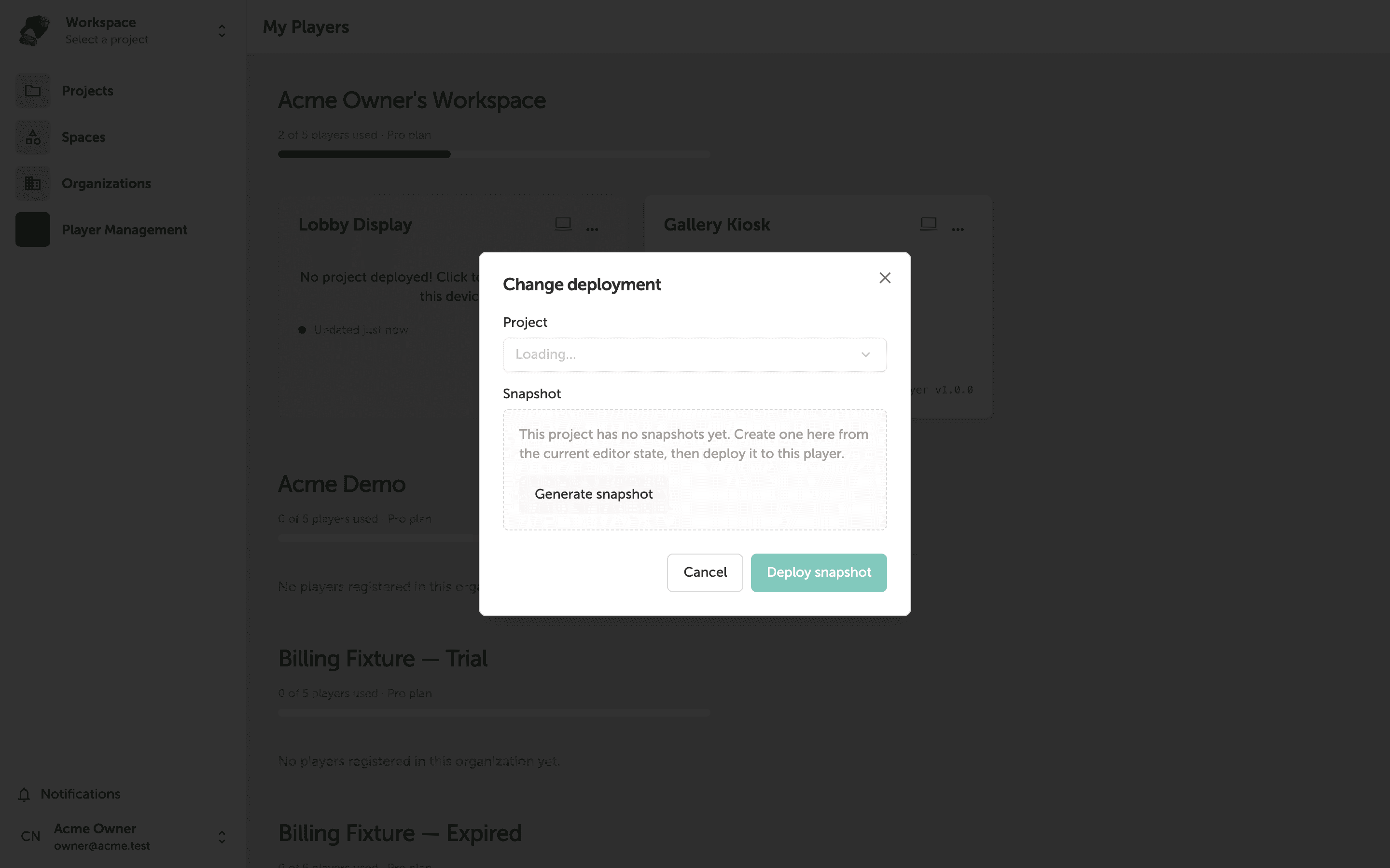 The Change Deployment dialog box, showing a Project dropdown, a Snapshot dropdown, a Generate snapshot button, a Schedule deployment for the future checkbox, and Cancel and Deploy snapshot action buttons.