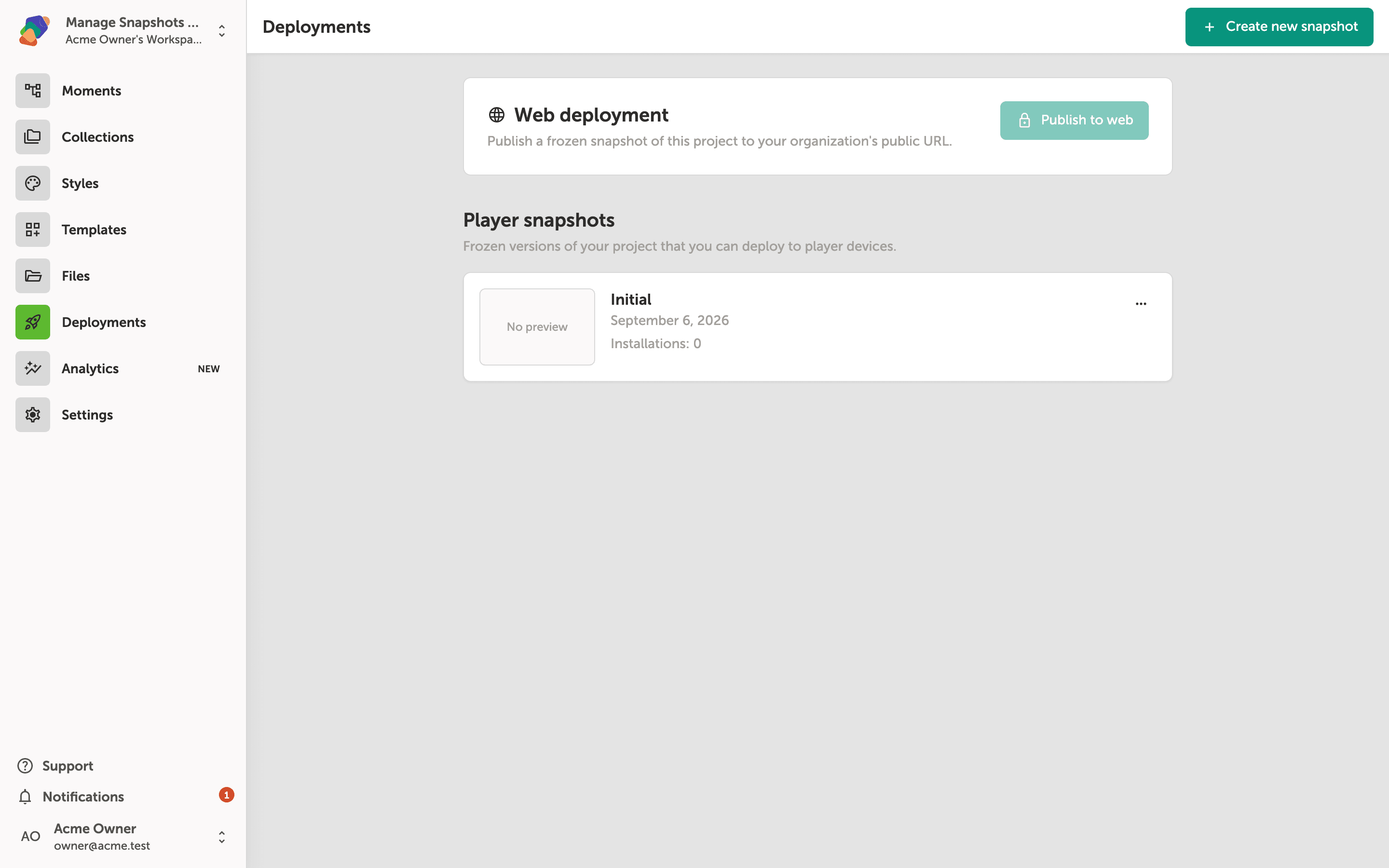 The Deployments screen showing a Web deployment panel with a Publish to web button, and a Player snapshots section listing one snapshot named Initial, created August 14 2026, with zero installations.