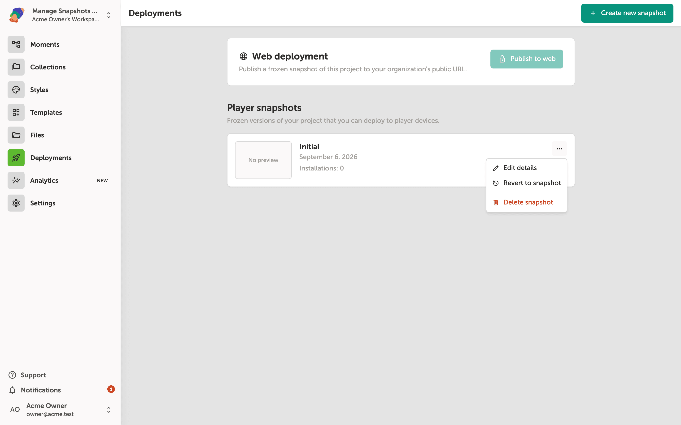 The Deployments screen showing the 'Initial' player snapshot with its overflow menu open, revealing Edit details, Revert to snapshot, and Delete snapshot options