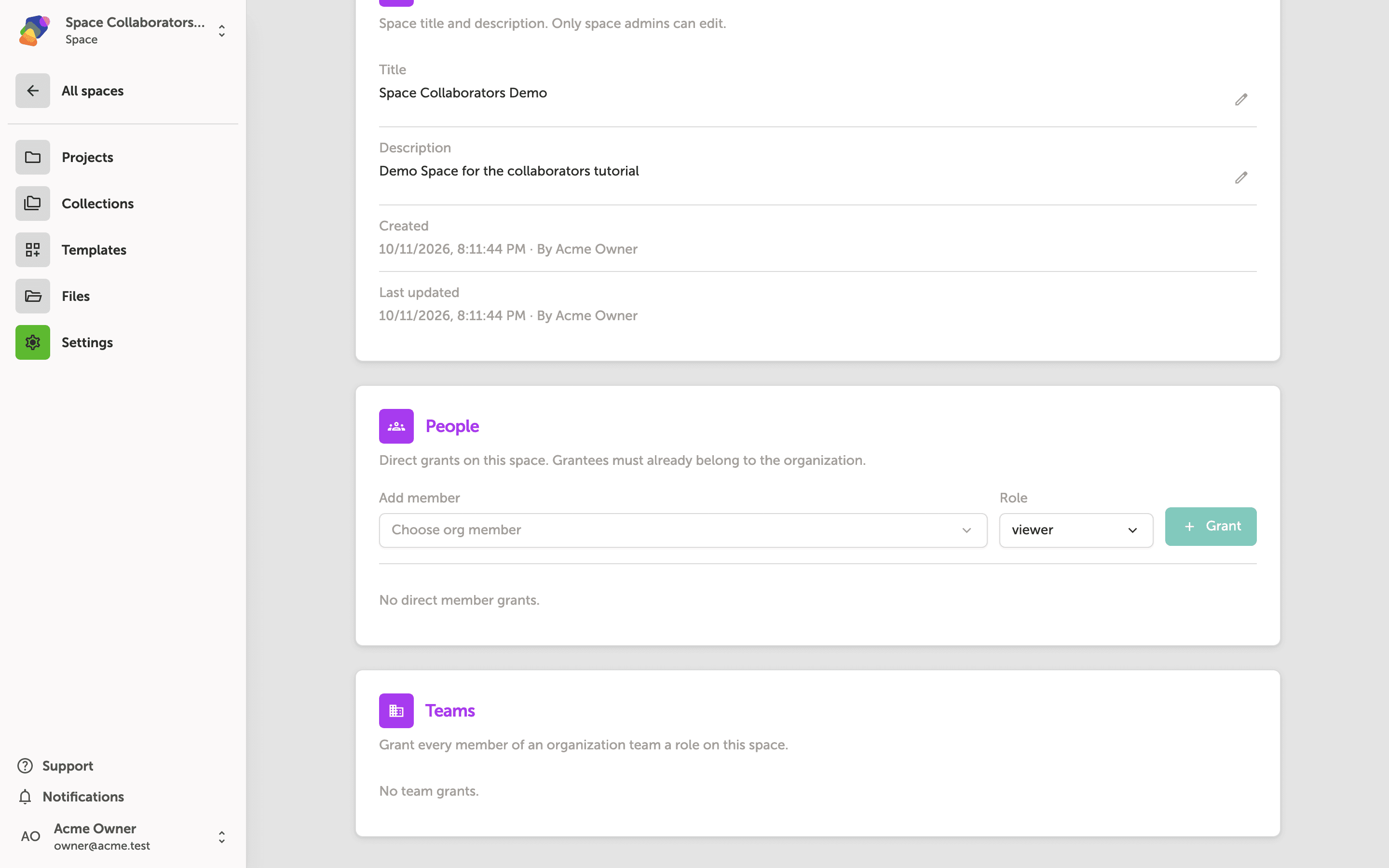 The Space settings page showing a Space information card at the top with title and description fields, a People section with a member dropdown, a role selector set to viewer, and a Grant button, and a Teams section partially visible at the bottom