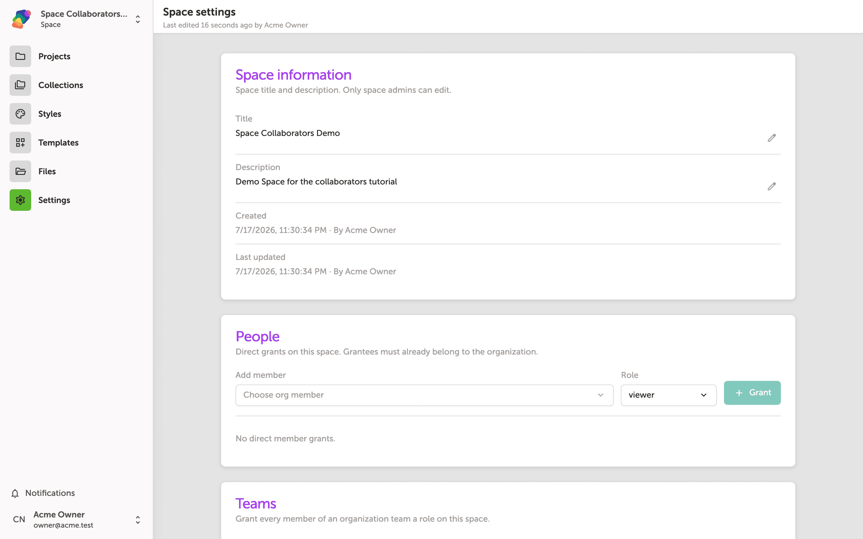The Settings panel for a Space called 'Space Collaborators Demo', showing an Add member section with a 'Choose org member' dropdown, a Role field set to 'viewer', and a Grant button.