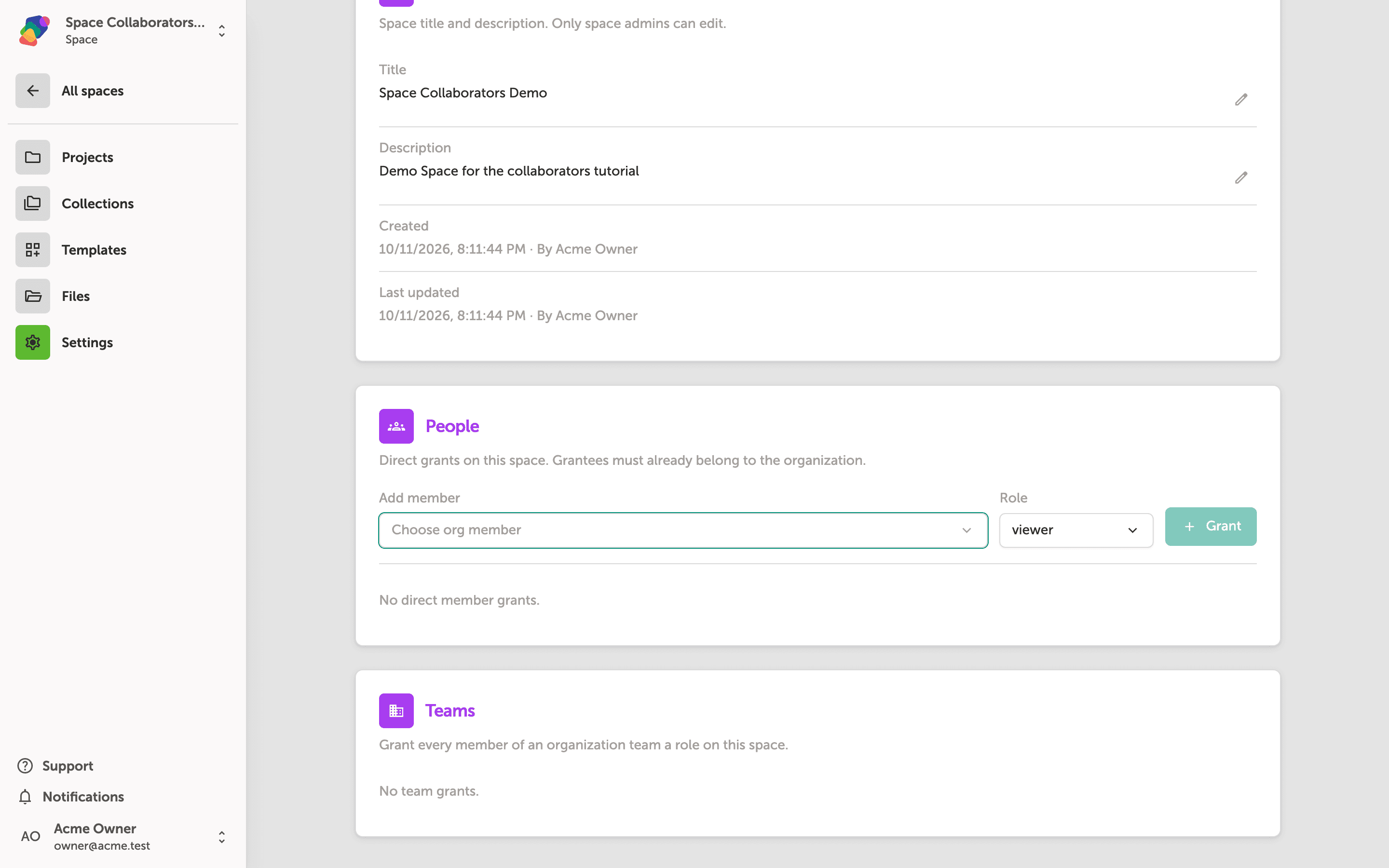 Space settings page showing the Teams card at the bottom, with a description reading 'Grant every member of an organization team a role on this space' and the text 'No team grants' indicating no teams have been added yet