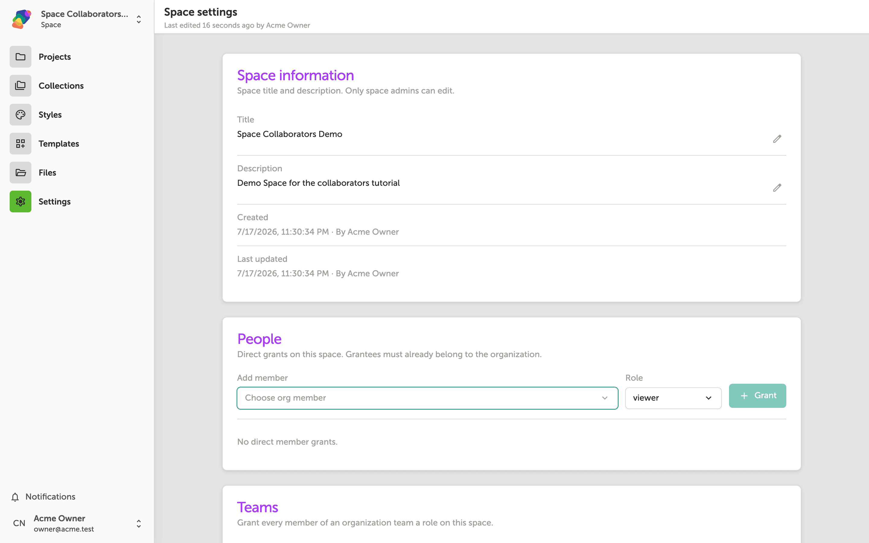 The Settings page for a Space called 'Space Collaborators Demo', showing the Teams card with an Add member dropdown, a Role selector set to viewer, and a Grant button