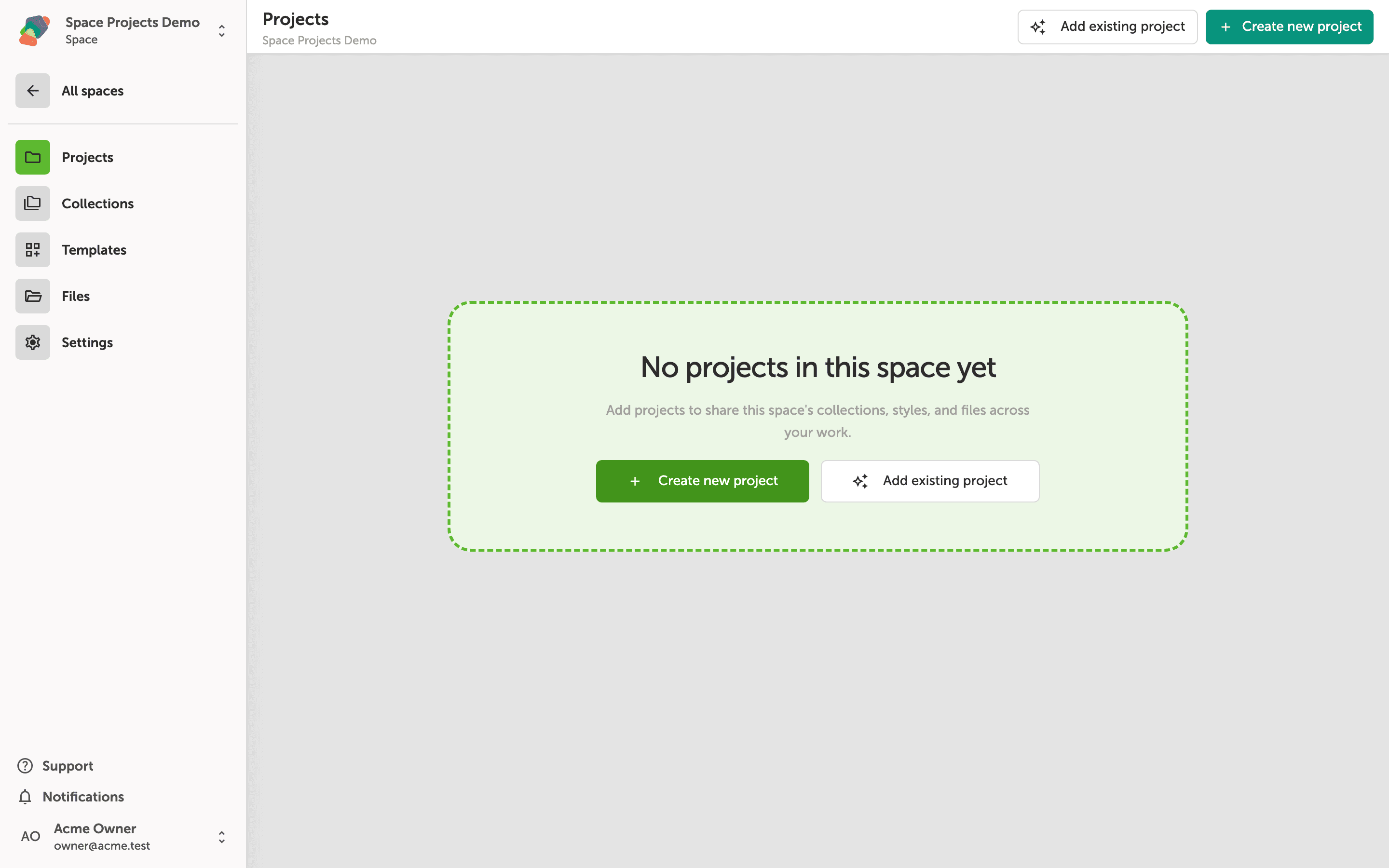 The Projects tab inside a Space called Space Projects Demo, showing an empty state with a dashed green border, the message 'No projects in this space yet', and two buttons: Create new project and Add existing project