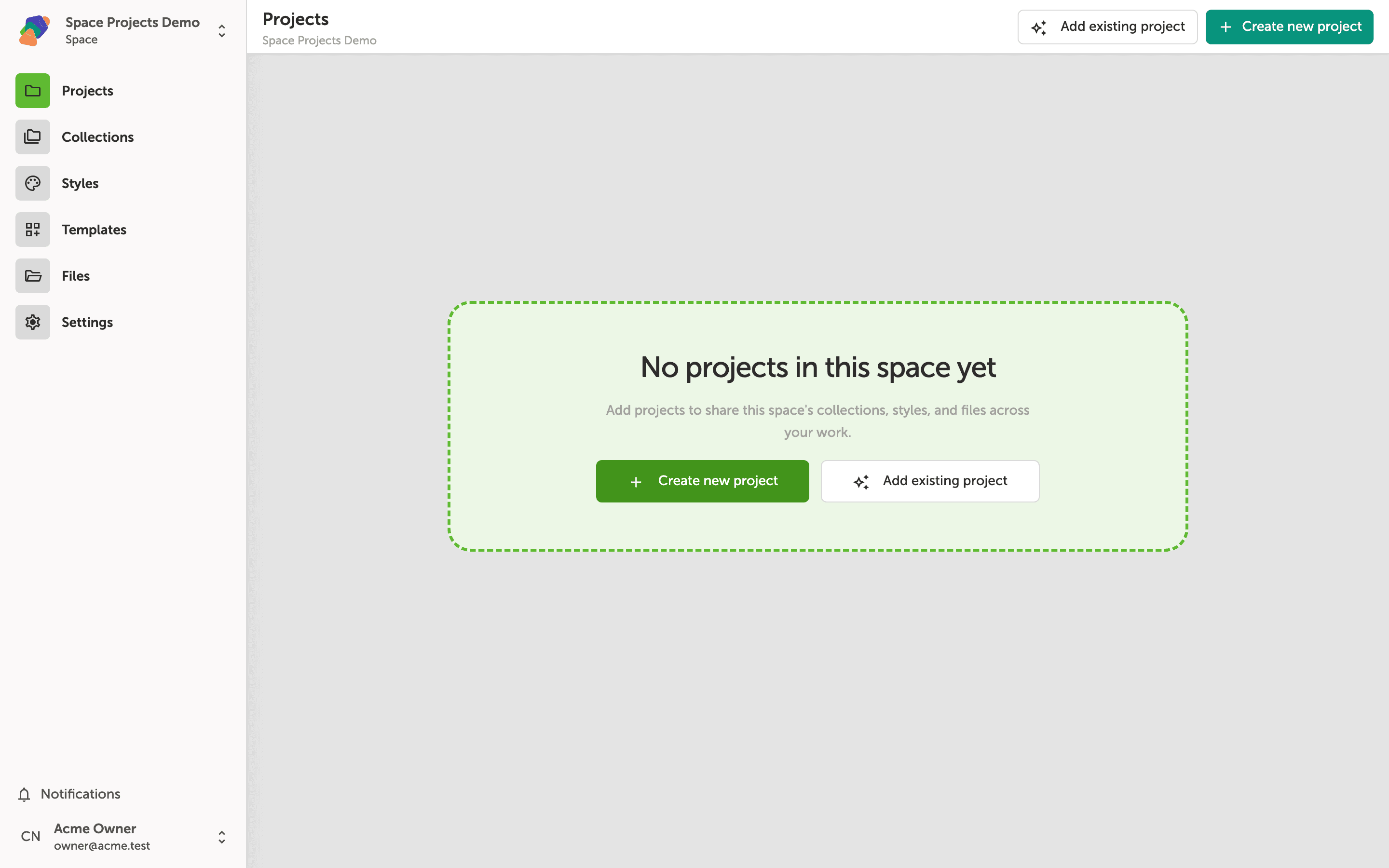 The Projects tab inside a Space, showing an empty state with two options: Add existing and Create project