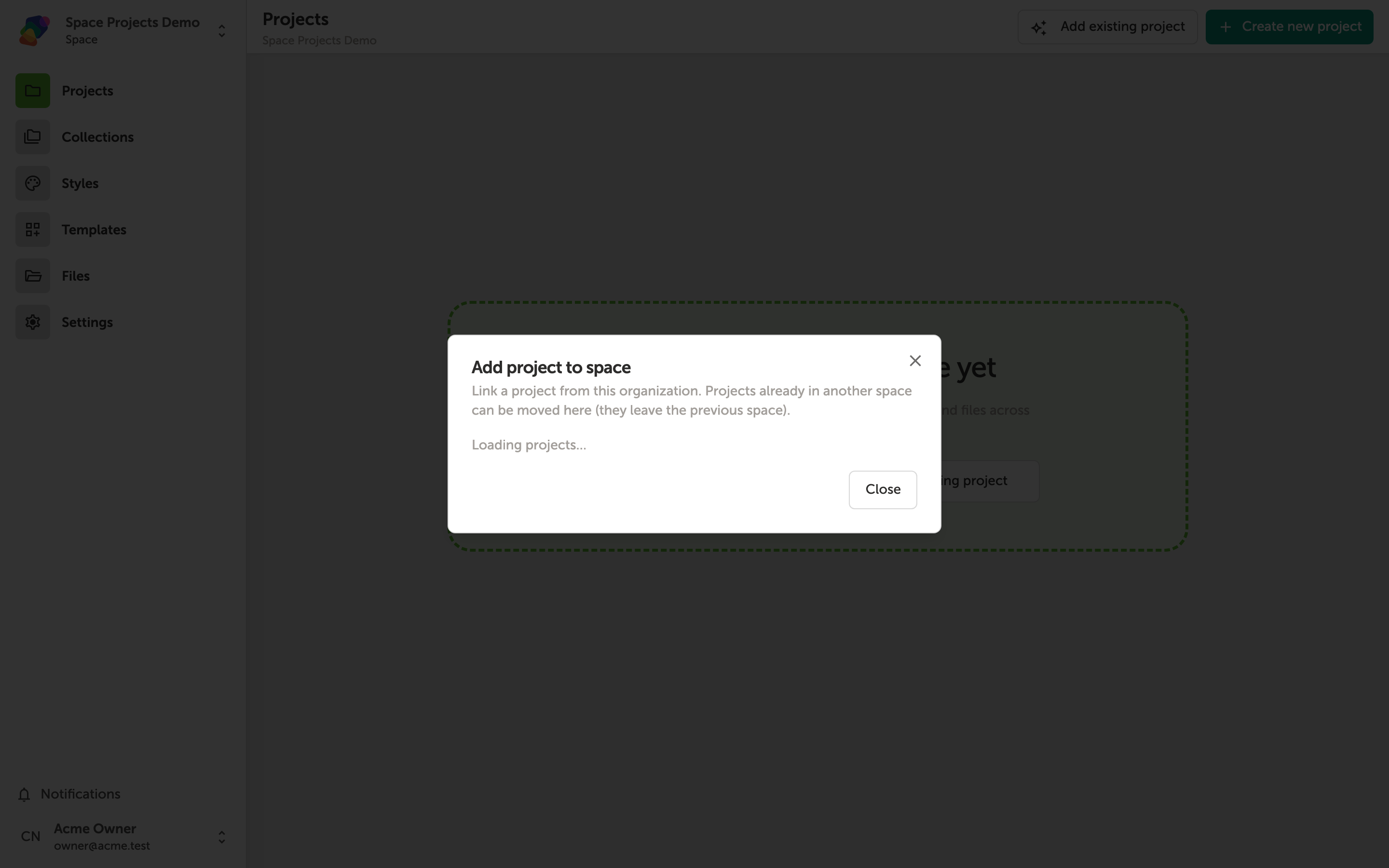 The 'Add project to exhibit' dialog open on screen, showing a list of available projects with Space Link Demo listed under the 'Not in an exhibit' heading