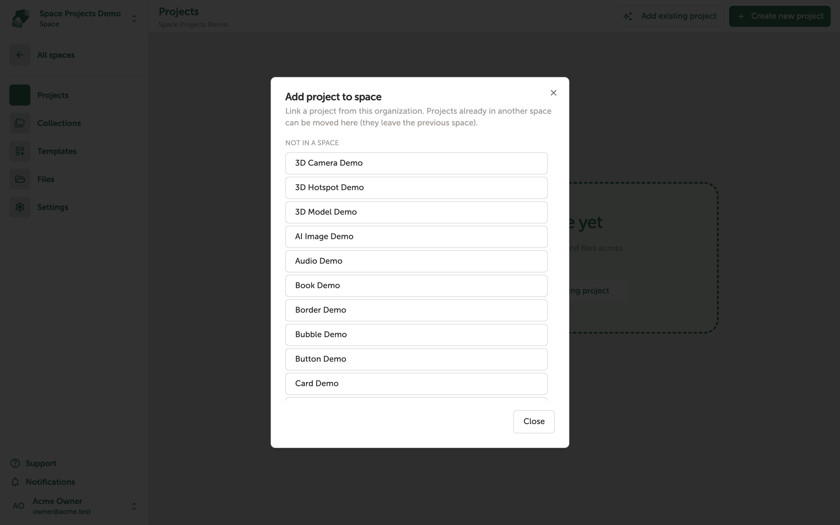 A modal dialog titled 'Add project to space' with a loading indicator in the center and a Close button at the bottom right, overlaying a dimmed Projects page