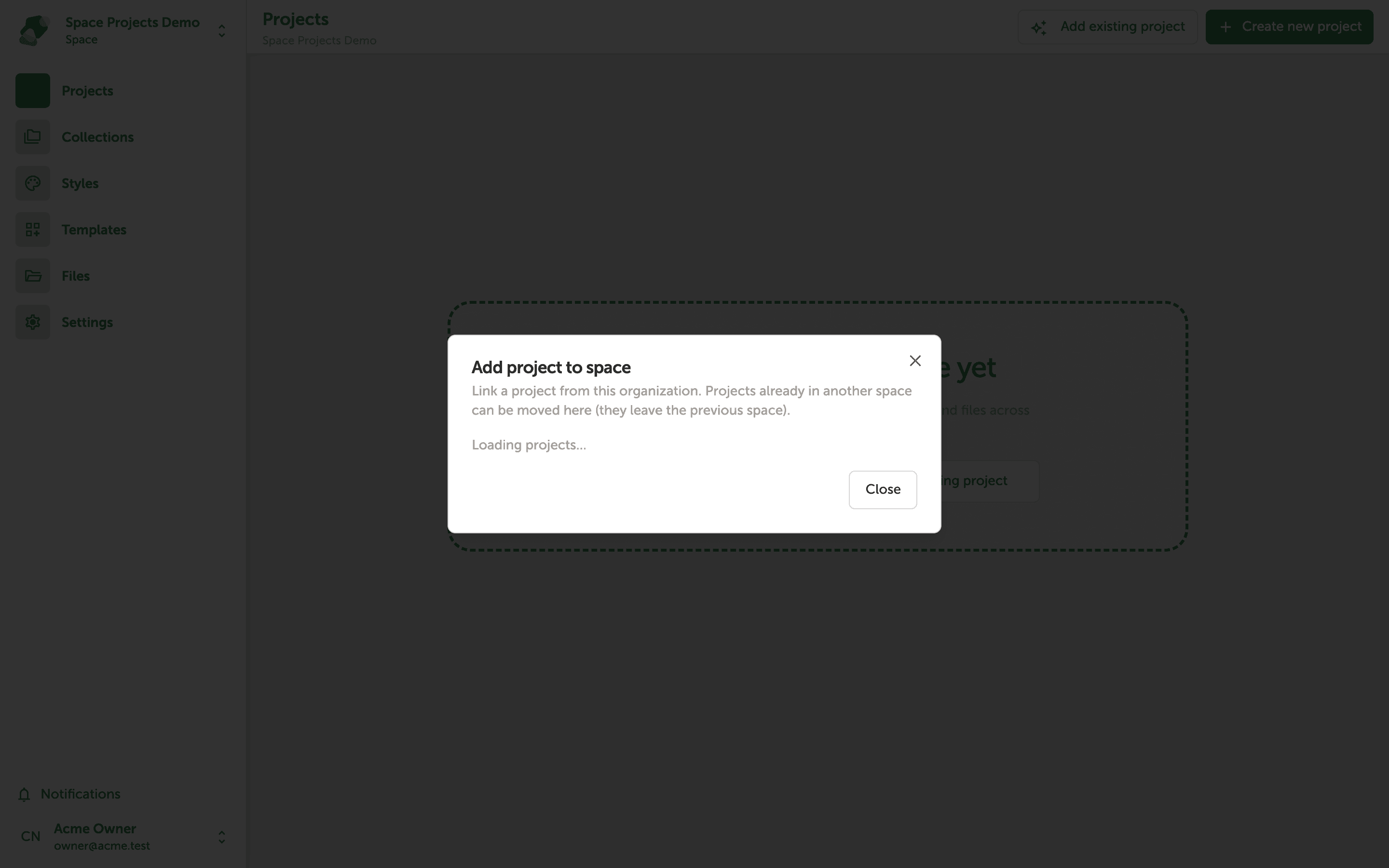 The 'Add project to exhibit' dialog open on screen, showing a list of available projects with Space Link Demo listed under the 'Not in an exhibit' heading