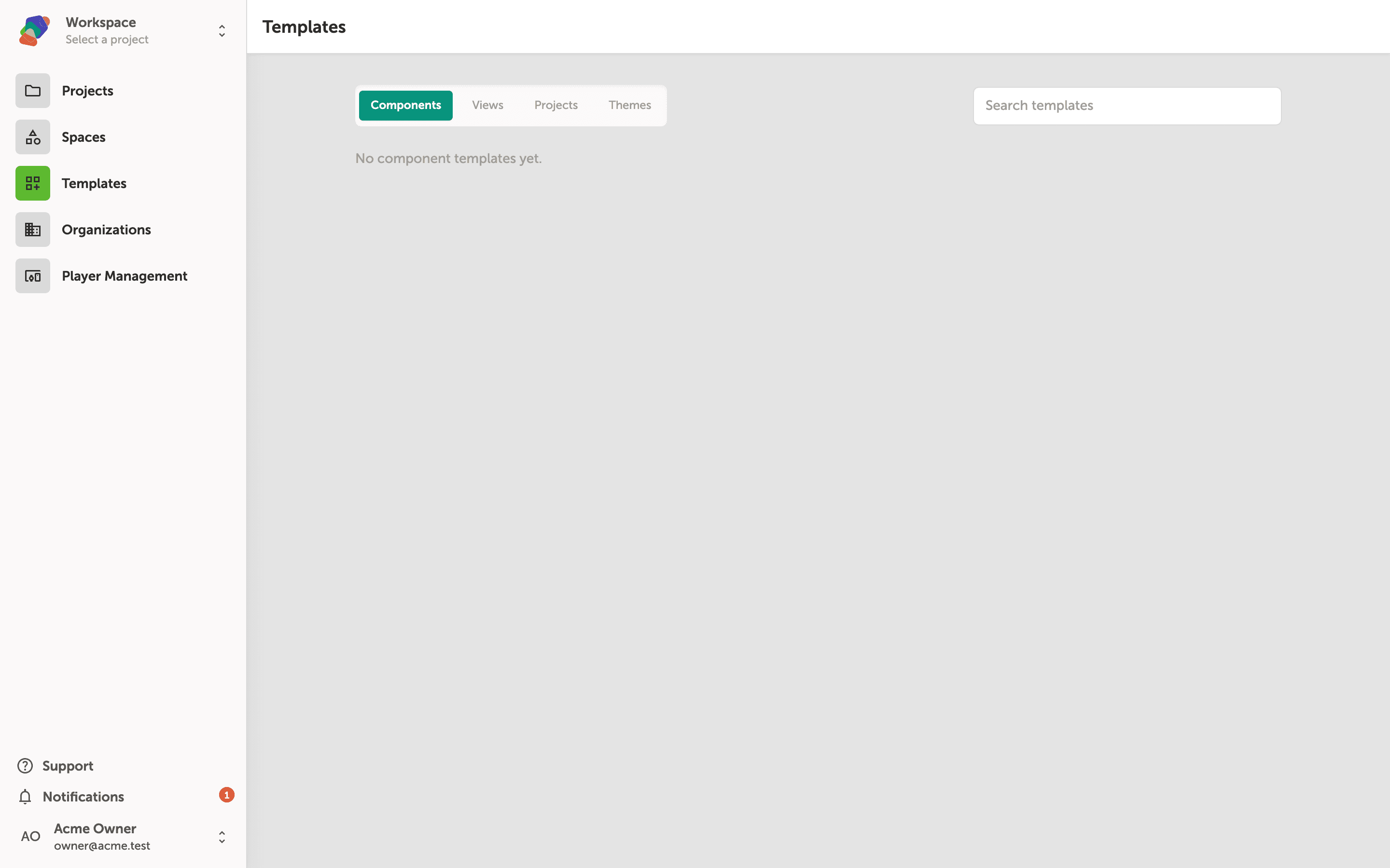 The Zibit Templates page showing four tabs—Components, Views, Projects, and Themes—with the Components tab active and a grid of saved component template cards