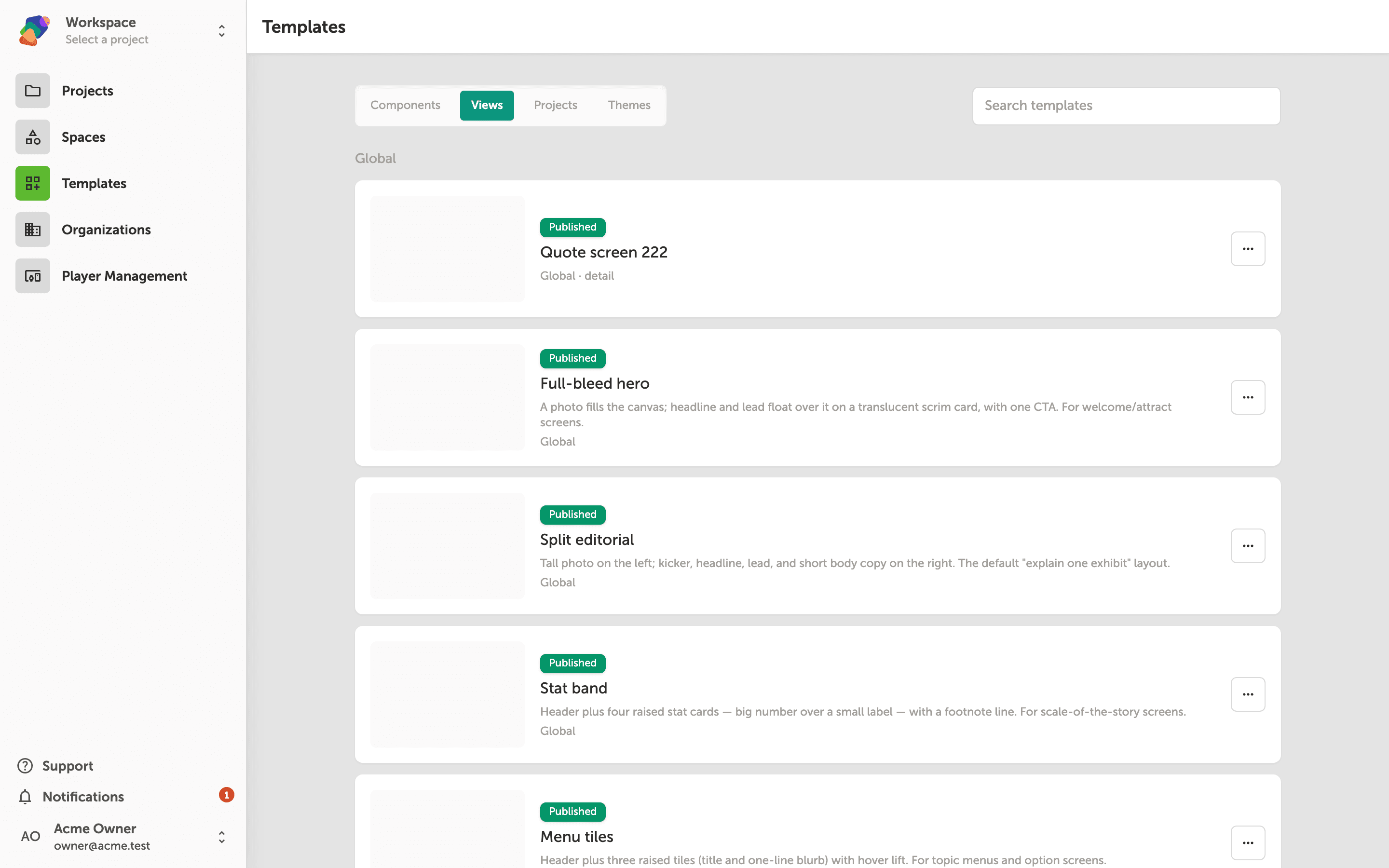 The Views tab on the Zibit Templates page, showing a grid of saved view template cards with layout previews