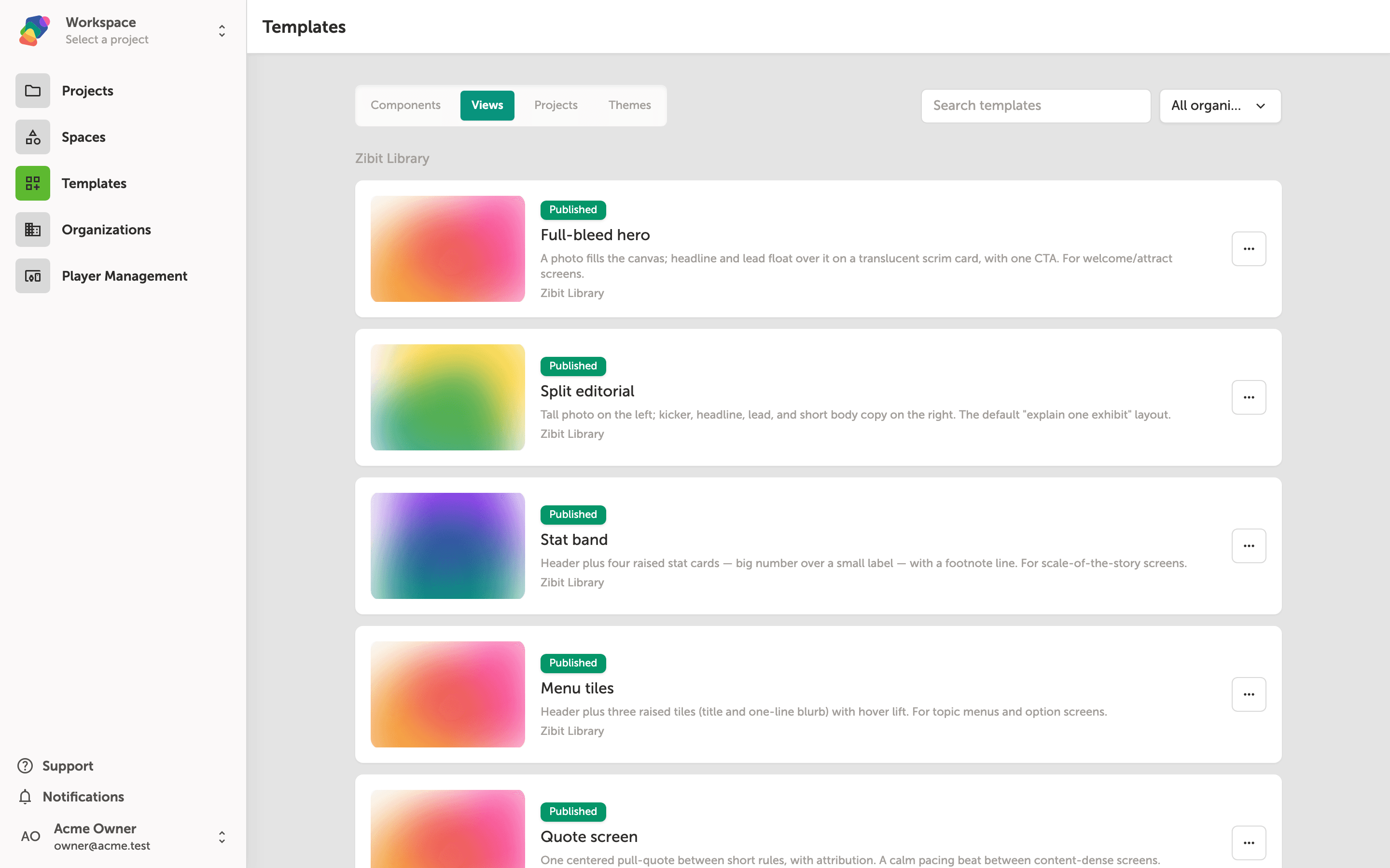 The Views tab on the Zibit Templates page, showing a grid of saved view template cards with layout previews